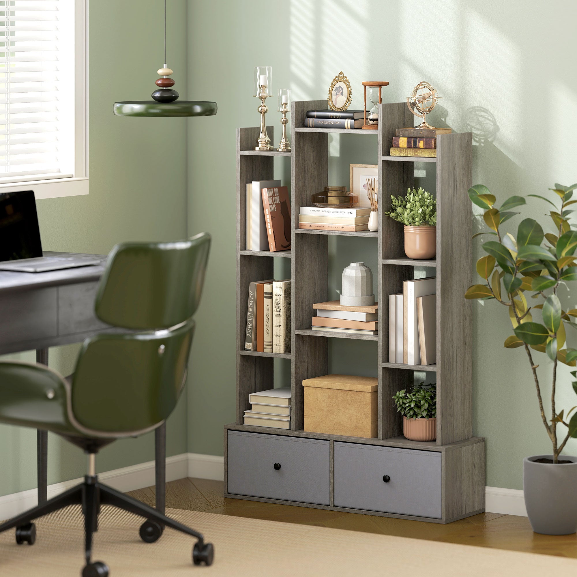 HOMCOM 12 Shelf Storage Unit, with Drawers - Graphite Wood Effect