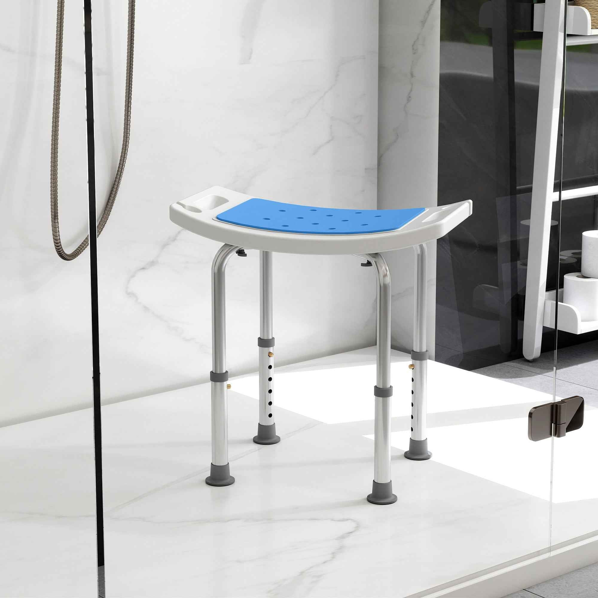 HOMCOM 6-Level Height Adjustable Aluminium Bath Room Stool Chair Shower Non-Slip Design w/ Padded Seat Drainage Holes Foot Pad, Blue