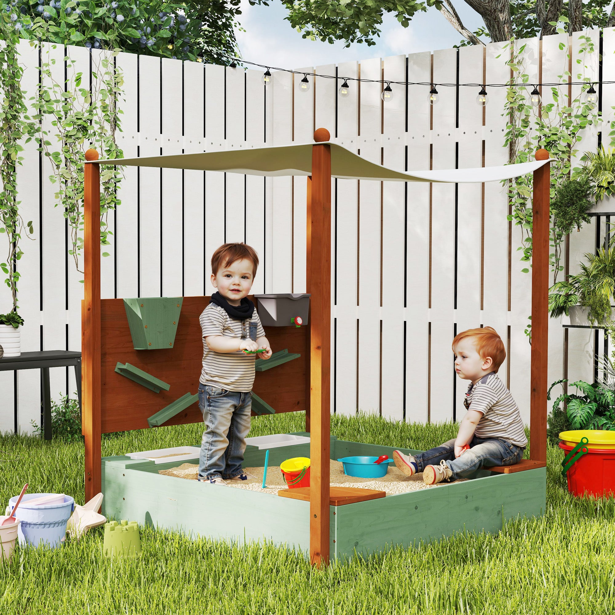 AIYAPLAY Wood Sandpit with Canopy, Storage Bins, Funnel, Liner, Chutes, Bucket with Tap, 116 x 112.5 x 128 cm, Green - North Peak Garden Furniture