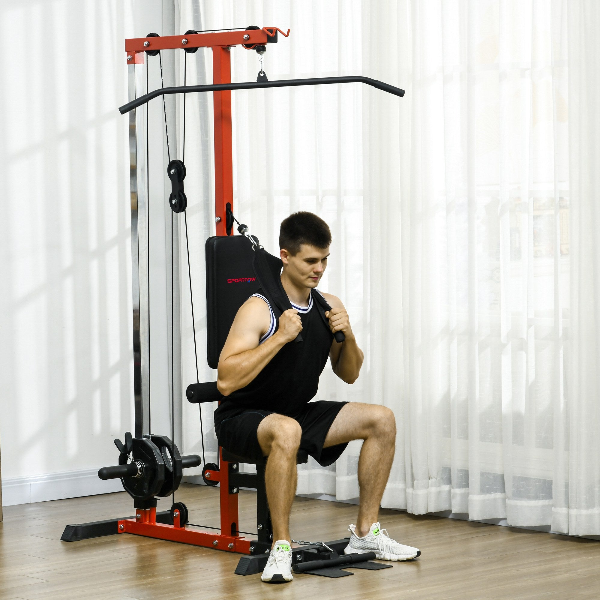 SPORTNOW Pull Up Station, Power Cage with Adjustable Seat, for Home Gym - Red - North Peak Garden Furniture
