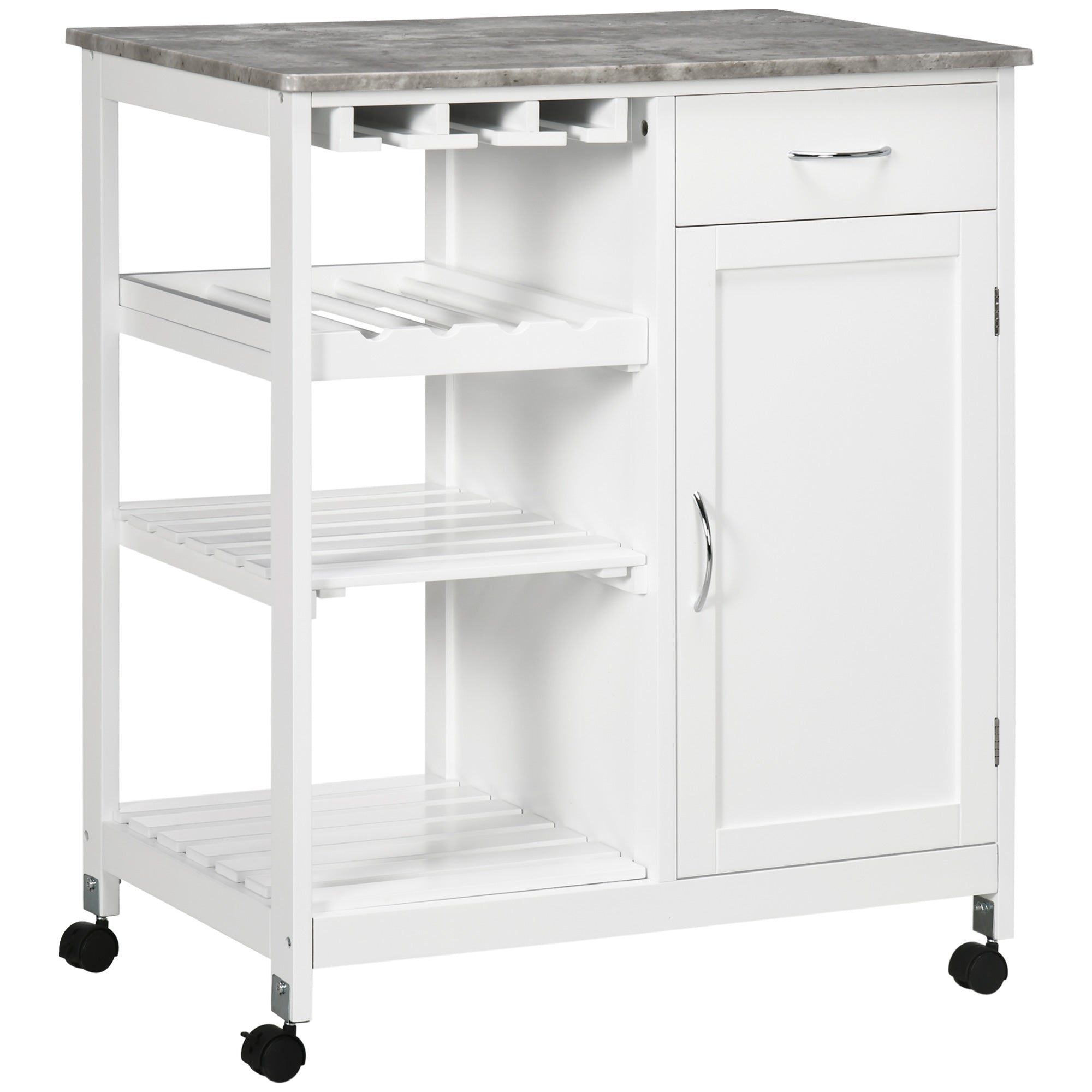 HOMCOM Compact Kitchen Trolley Utility Cart on Wheels with Wine Rack, Drawer, Open Shelf and Storage Cabinet for Dining Room, White - North Peak Garden Furniture