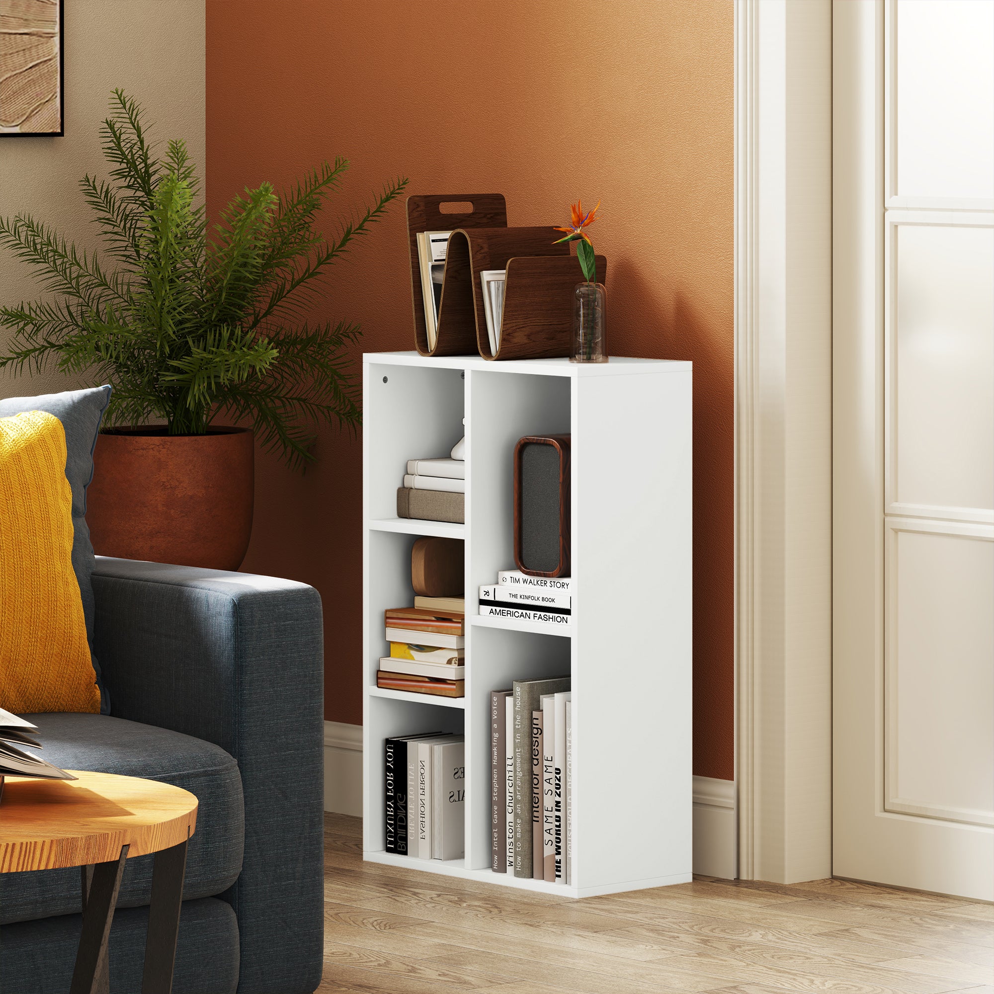 HOMCOM 2-Tier Bookshelf with 5 Compartments - White - North Peak Garden Furniture