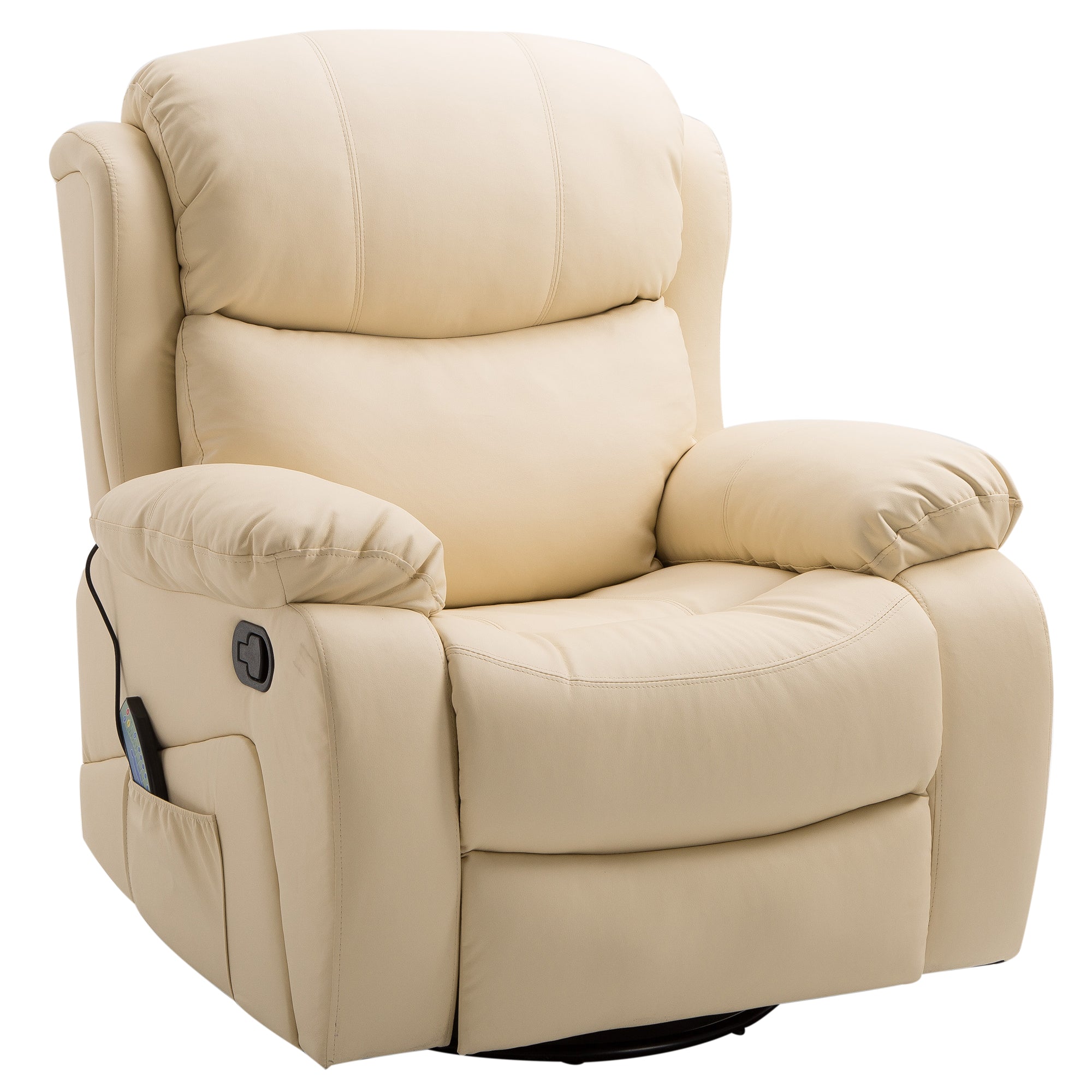 HOMCOM PU Leather Reclining Chair with 8 Massage Points and Heat, Manual Recliner with Swivel Base, Footrest and Remote, Beige - North Peak Garden Furniture