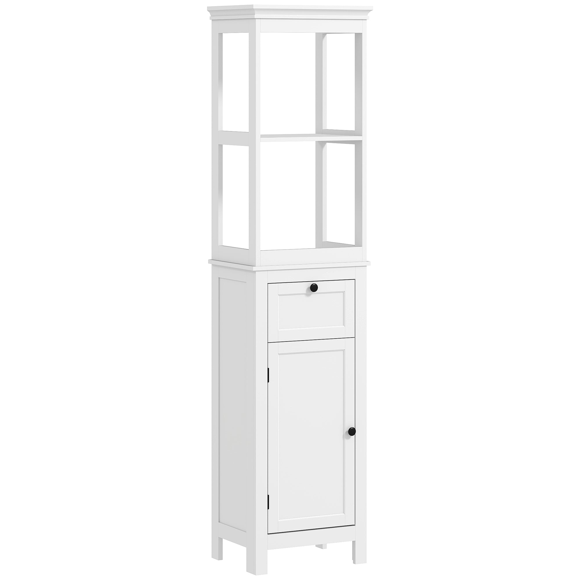HOMCOM Tall Bathroom Cabinet, Slim Bathroom Storage Cabinet with 2 Open Shelves, Soft Close Door and Drawer, Adjustable Shelf, Narrow Cupboard Storage Unit, White - North Peak Garden Furniture