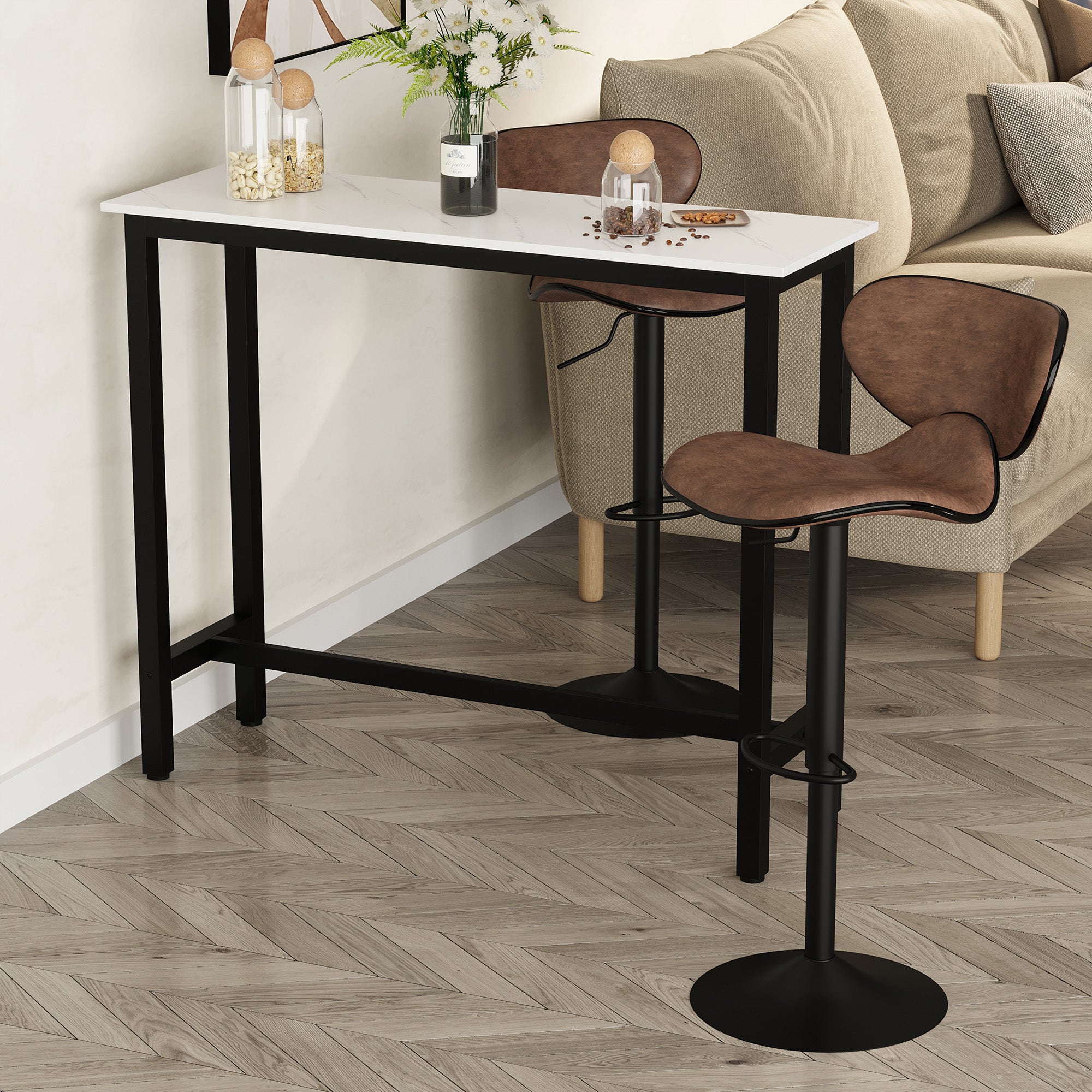 HOMCOM Bar Table Breakfast Marble Grain Dining Table Coffee Table with Adjustable Footpads, 120x40x100cm, White & Black - North Peak Garden Furniture