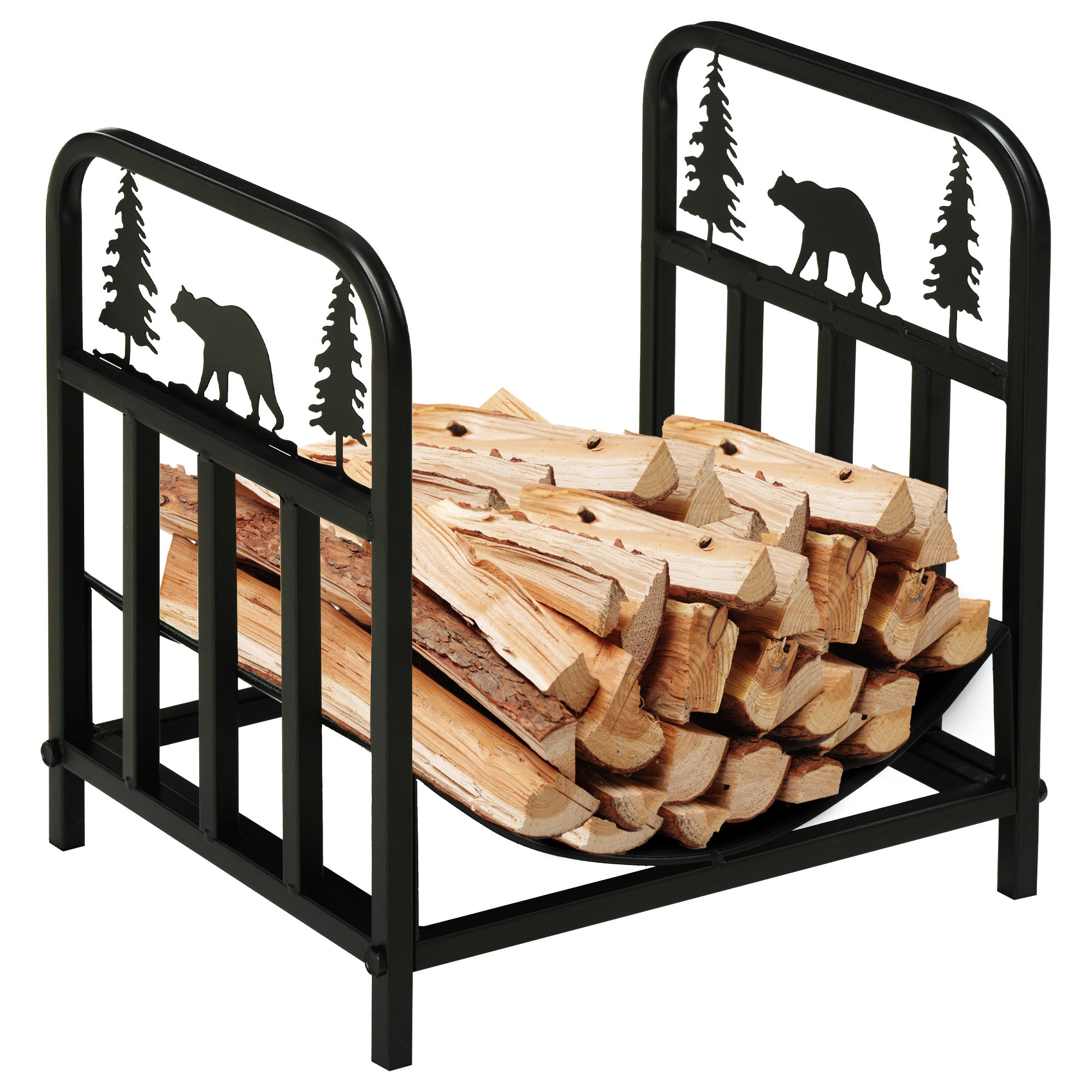 Outsunny Metal Firewood Log Holder Indoor Outdoor Firewood Rack Inner Arced Fireplace Wood Storage Shelf w/ Bear Shape Design, Rust-Resistant, Black, 42W x 33.5D x 43H cm - North Peak Garden Furniture