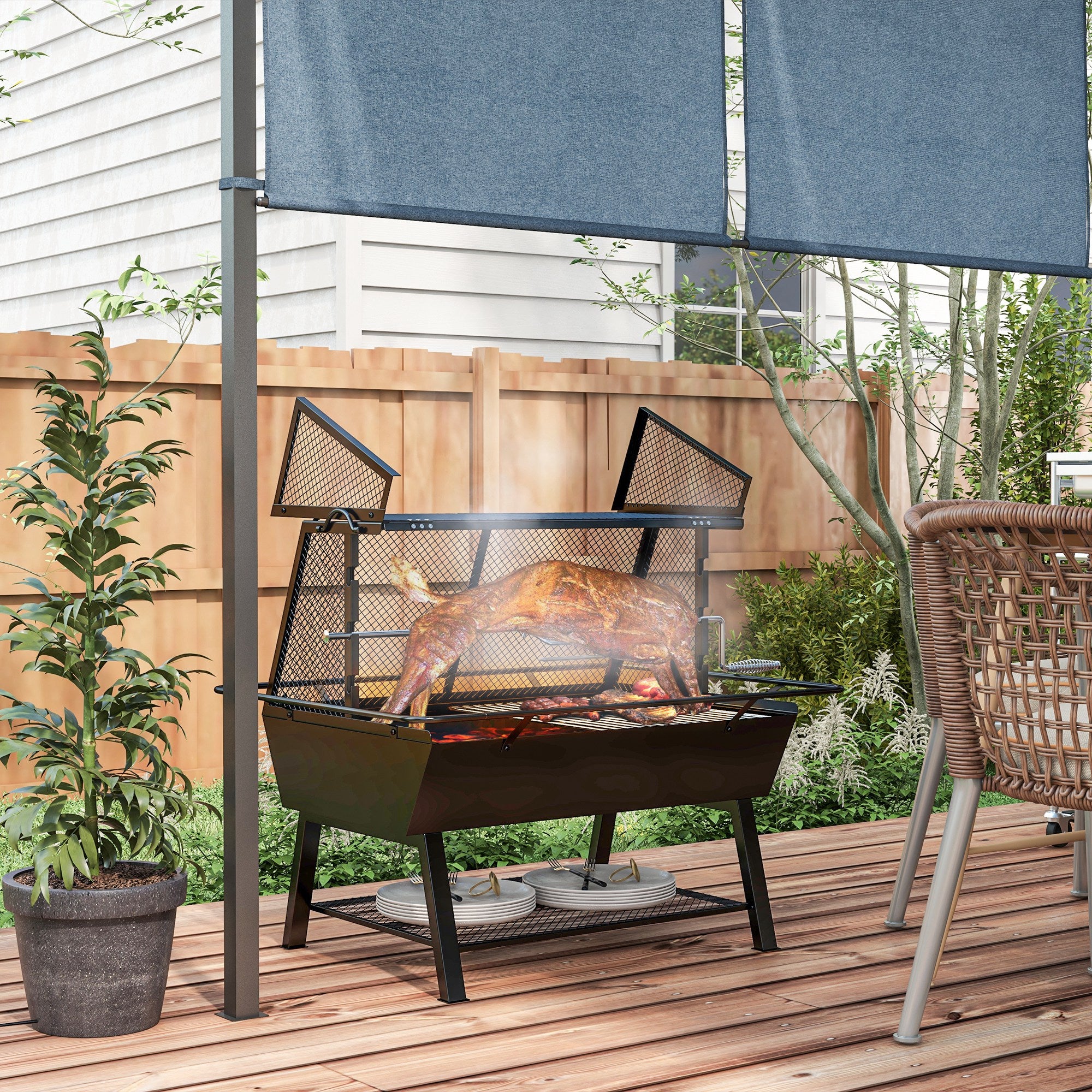 Outsunny 3-in-1 Barbecue Grill, Rotisserie Roaster and Fire Pit, with Cover - North Peak Garden Furniture