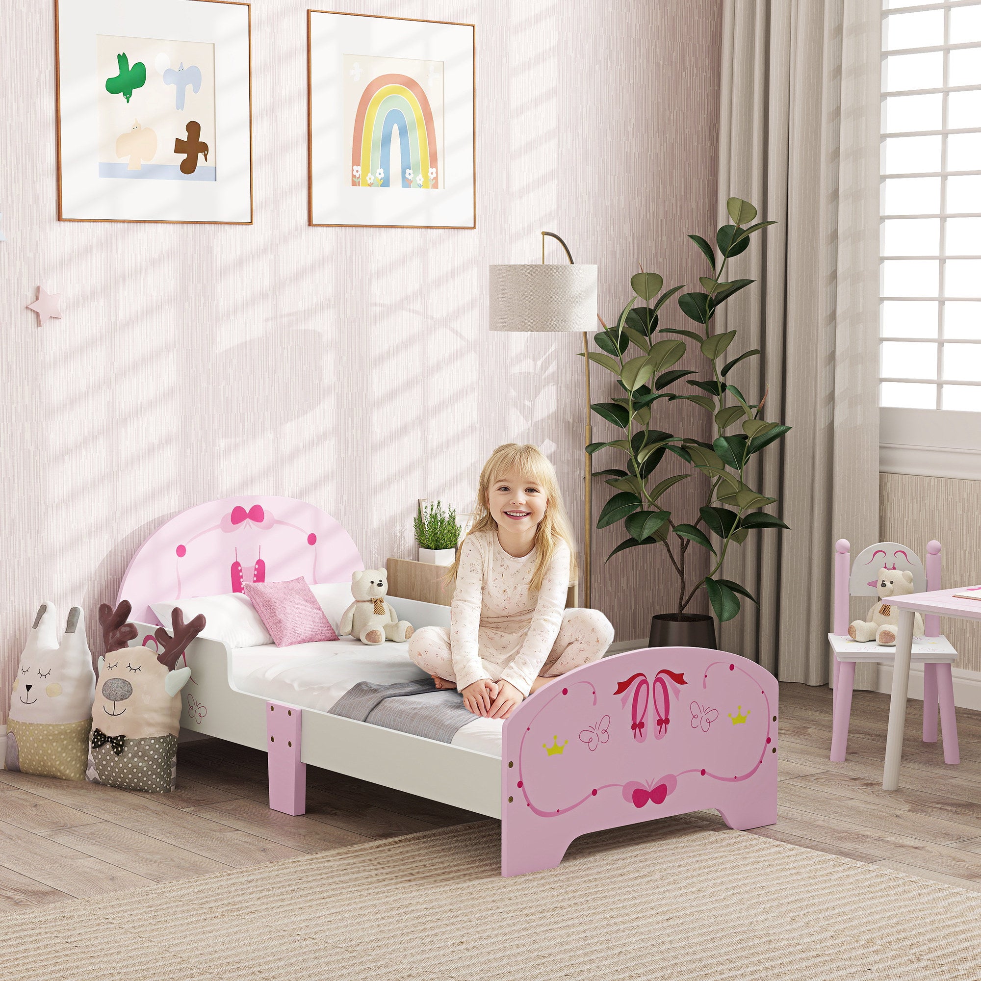 AIYAPLAY Ballet Theme Toddler Bed Frame with Safety Rails for 3-6 Years, 144 x 76.5 x 60 cm, Pink - North Peak Garden Furniture