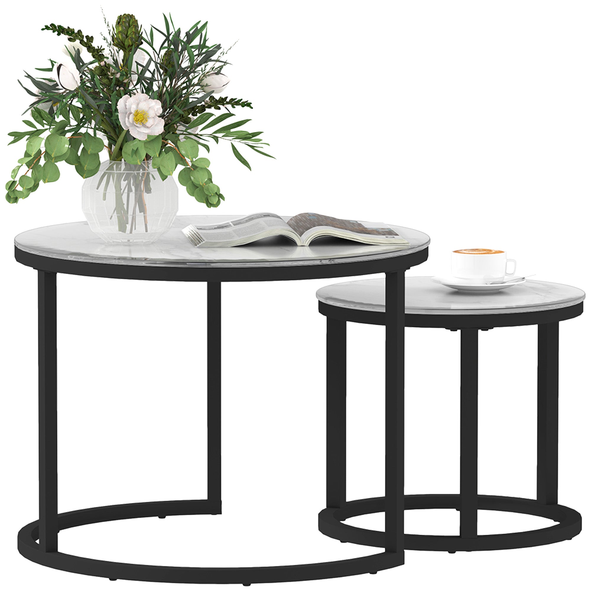 HOMCOM Glass Coffee Table Set of 2, Round Nest of Tables with Marble-Effect Tempered Glass Tabletop and Steel Frame, Modern Side Tables for Living Room, White - North Peak Garden Furniture