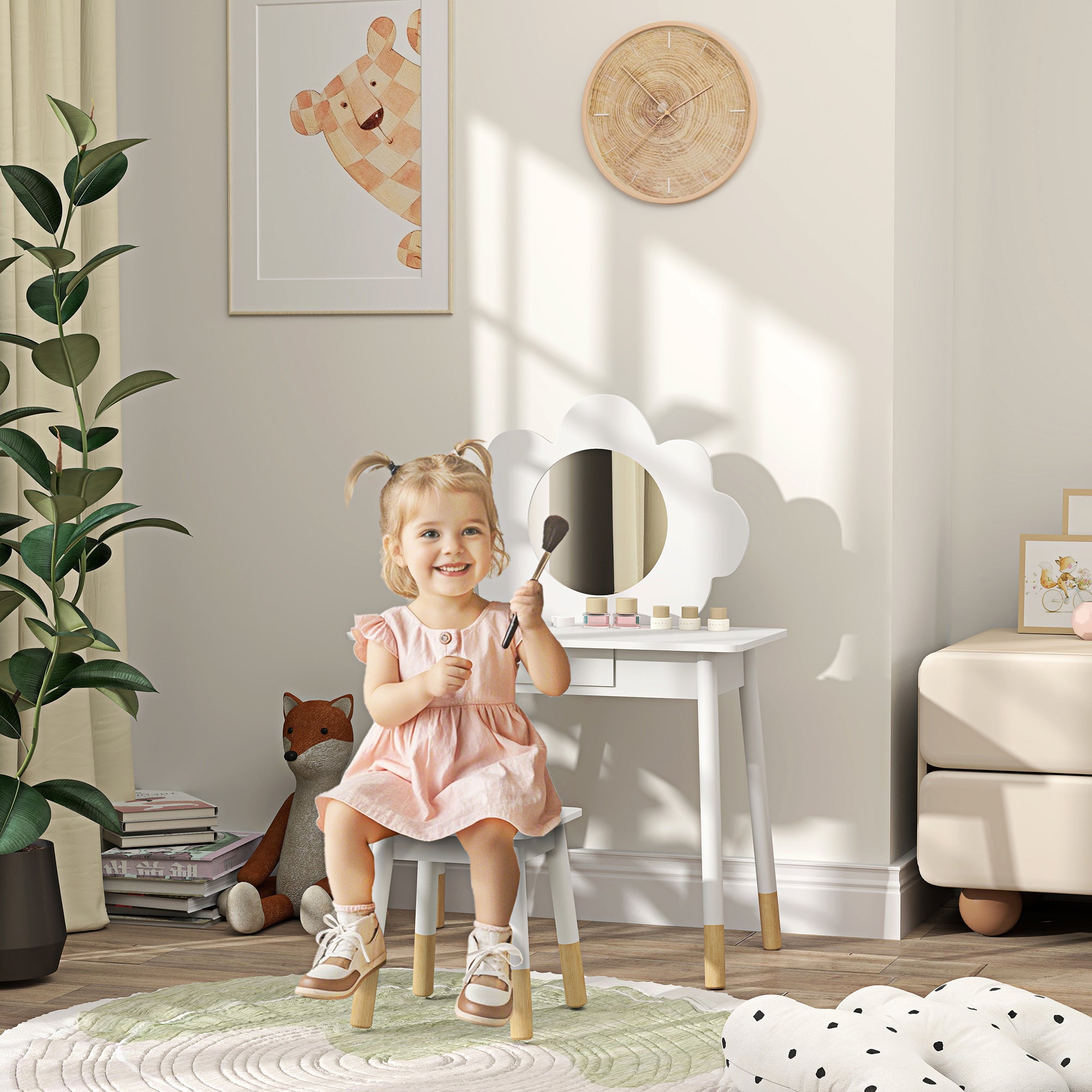 AIYAPLAY Kids Dressing Table with Mirror, Stool, Drawer, Cloud Design, White - North Peak Garden Furniture