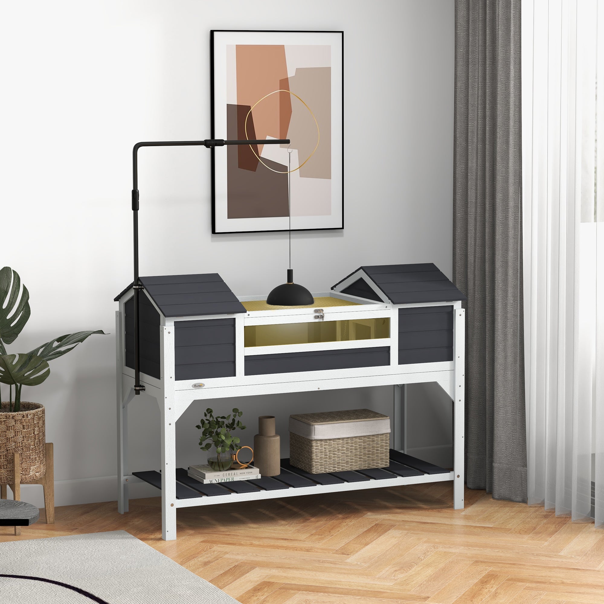 PawHut Wooden Tortoise Enclosure w/ Adjustable Lamp Holder, Openable Lid, Dual Main Houses, Storage Shelf, Fixed Tray - Grey - North Peak Garden Furniture