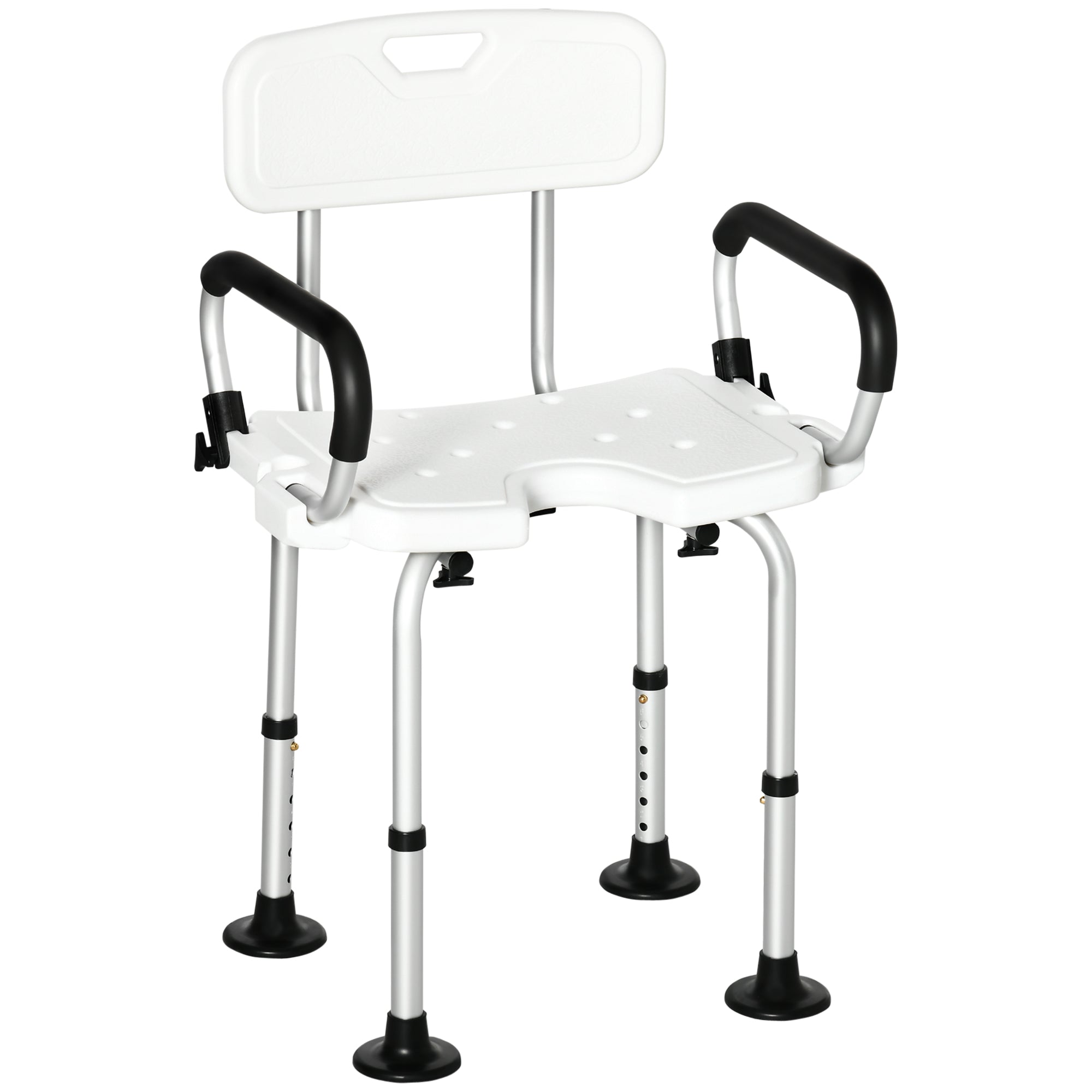 HOMCOM Shower Chair for the Elderly and Disabled, Height Adjustable Shower Stool with Back and Flipped Padded Arms, Suction Foot Pads, White - North Peak Garden Furniture