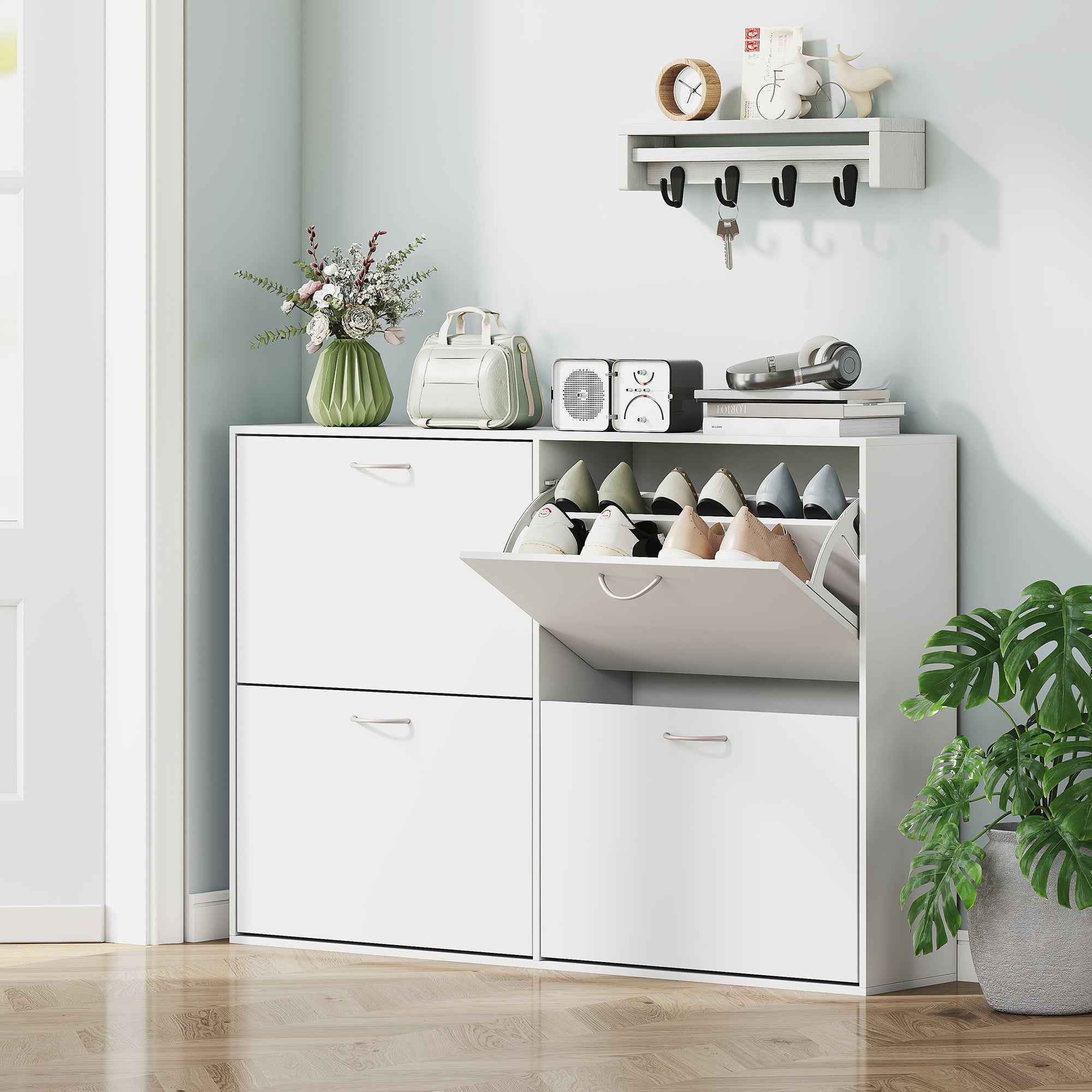 HOMCOM Wooden Modern Design 4 Drawer Shoes Cabinet Pull Down Shelf Storage Organiser - White