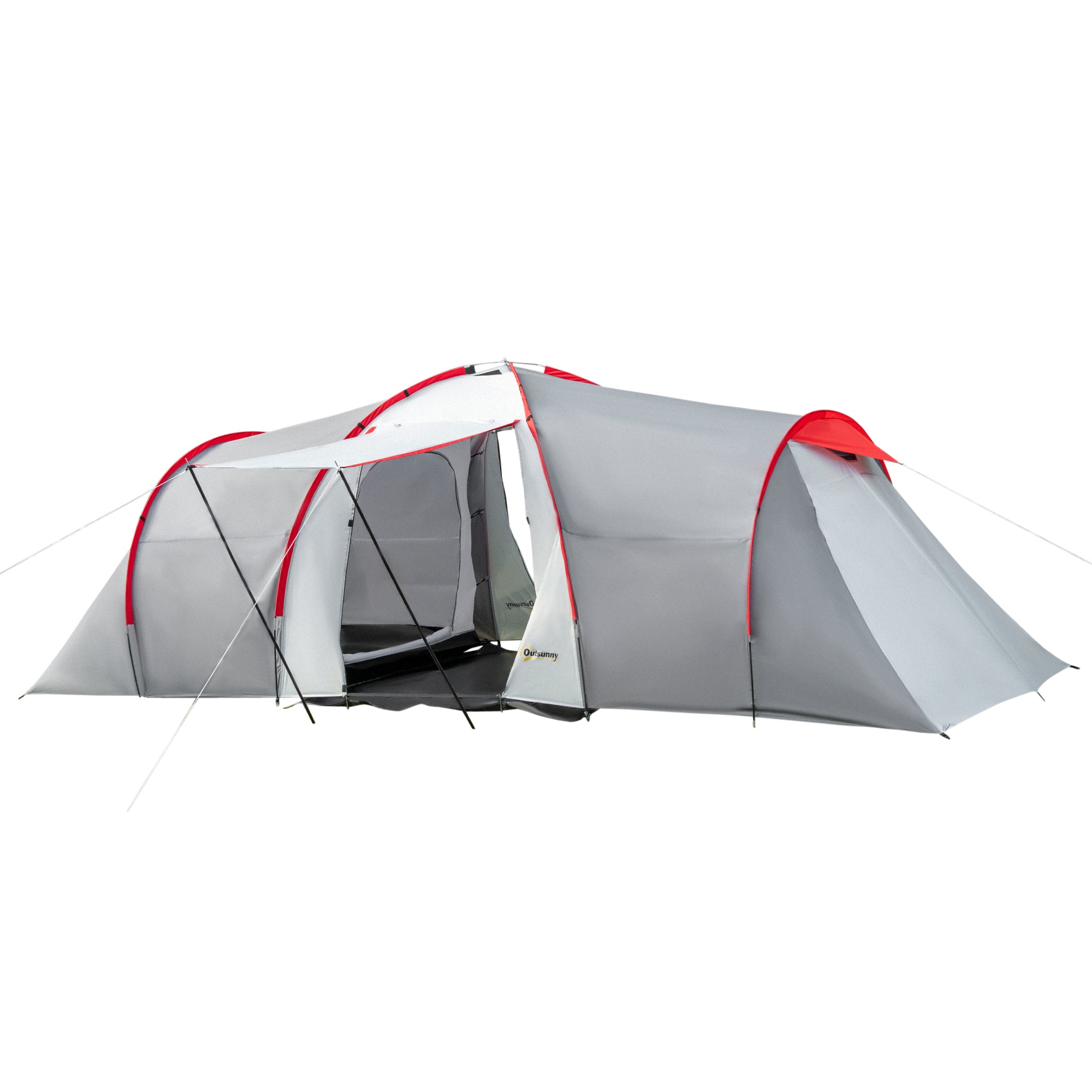 Outsunny Four-Man Tunnel Tent, with Two Bedrooms and Living Room - Grey/Red - North Peak Garden Furniture