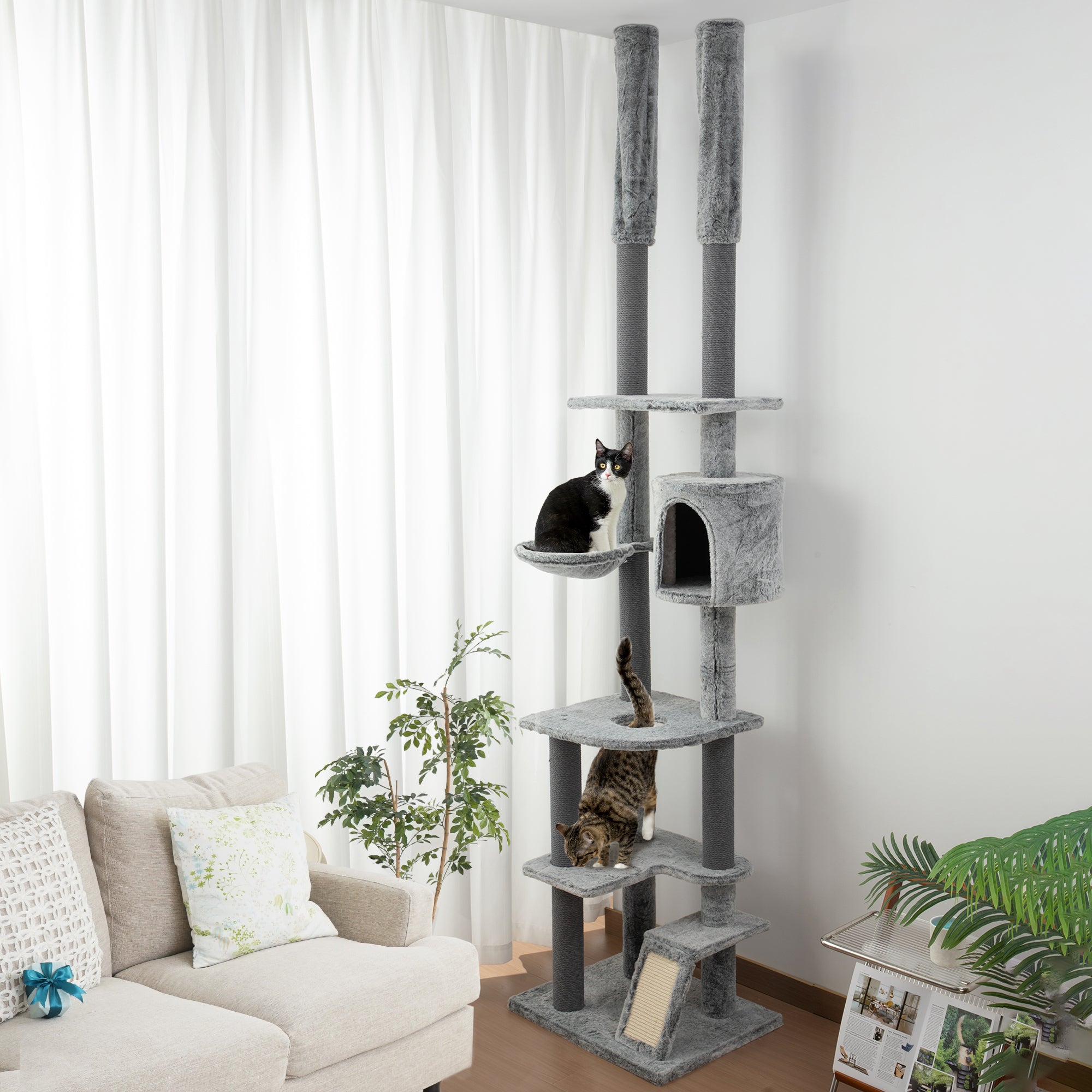 PawHut 225-255cm Height Floor-to-Ceiling Cat Tree Large Cat Tower w/ Cat Scratching Posts, Ramp, Condo - North Peak Garden Furniture