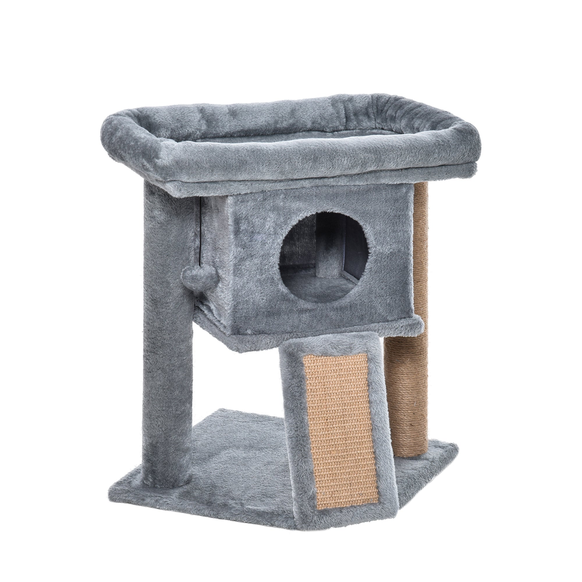 PawHut Cat Tree Tower for Indoor Cats Cat Scratching Post Climbing Activity Centre w/Jute Scratching Pad, Toy Ball, Cat House - Grey - North Peak Garden Furniture
