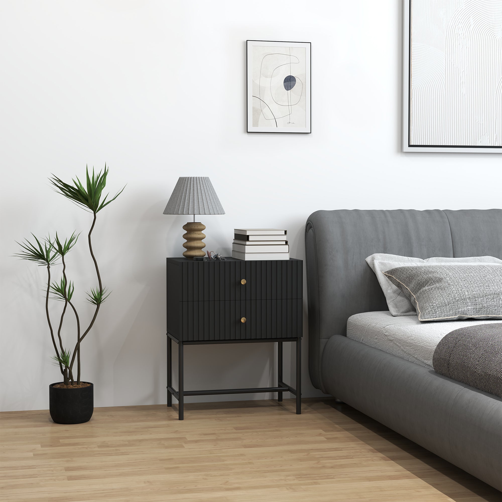 HOMCOM Elegant Two-Drawer Bedside Table - Black - North Peak Garden Furniture