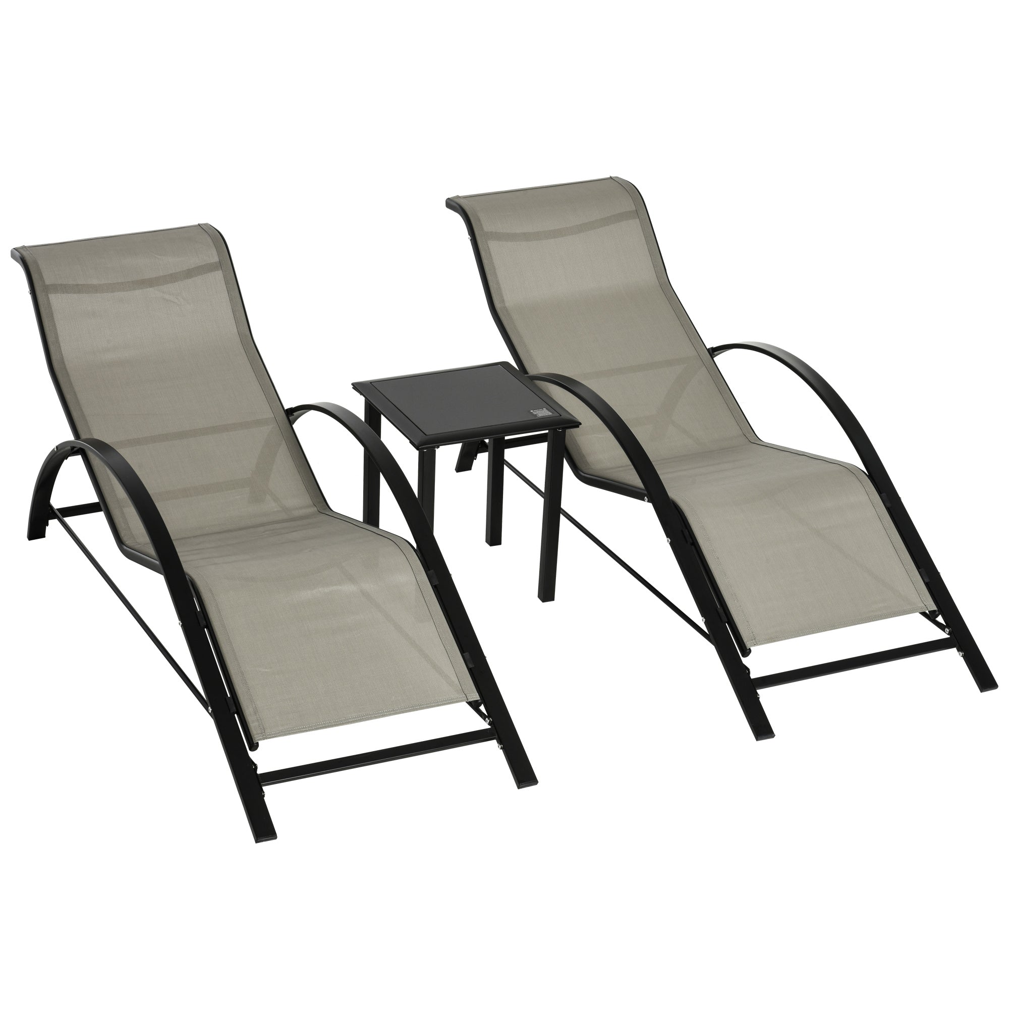 Outsunny 3 Pieces Lounge Chair Set Metal Frame Garden Outdoor Recliner Sunbathing Chair with Table, Grey - North Peak Garden Furniture