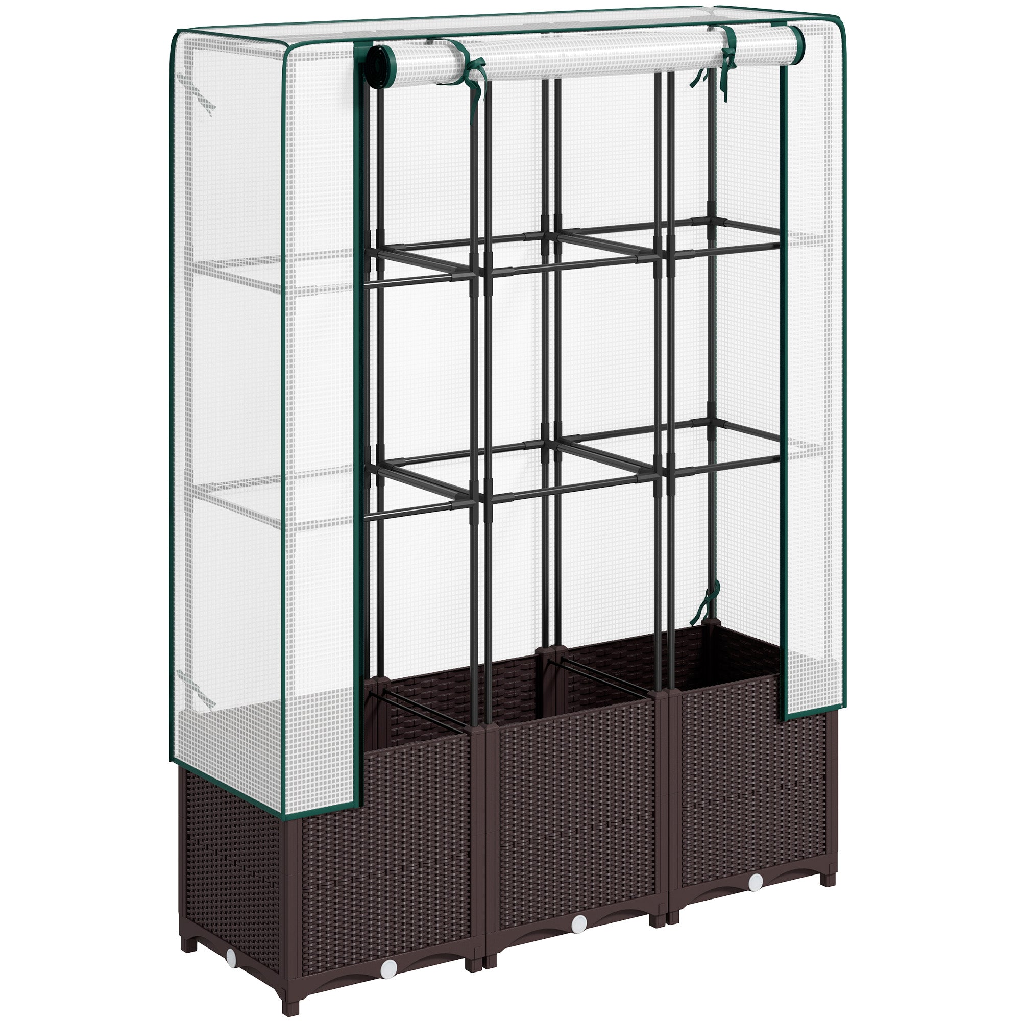 Outsunny Raised Garden Bed with Trellis, Plastic Planter Box with PE Cover, Drainage Holes, Drain Plugs and Water Reservoirs for Climbing Plants, Vegetables, Flowers, 120 x 40 x 140 cm