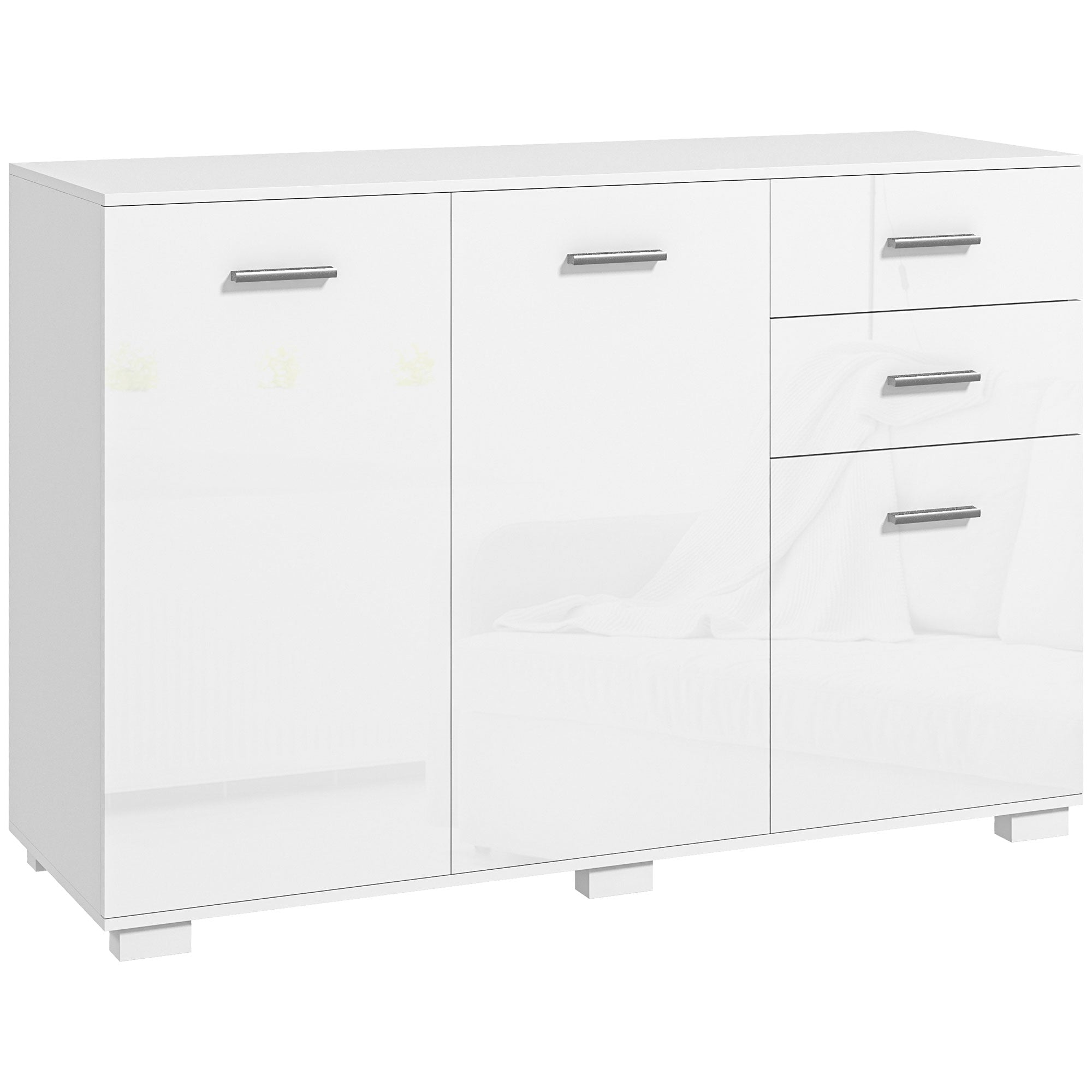 HOMCOM Sideboard, Modern Storage Cabinet with 2 Drawers, 3 Doors and Adjustable Shelves, Kitchen Cabinet for Living Room, Dining Room, High Gloss White - North Peak Garden Furniture