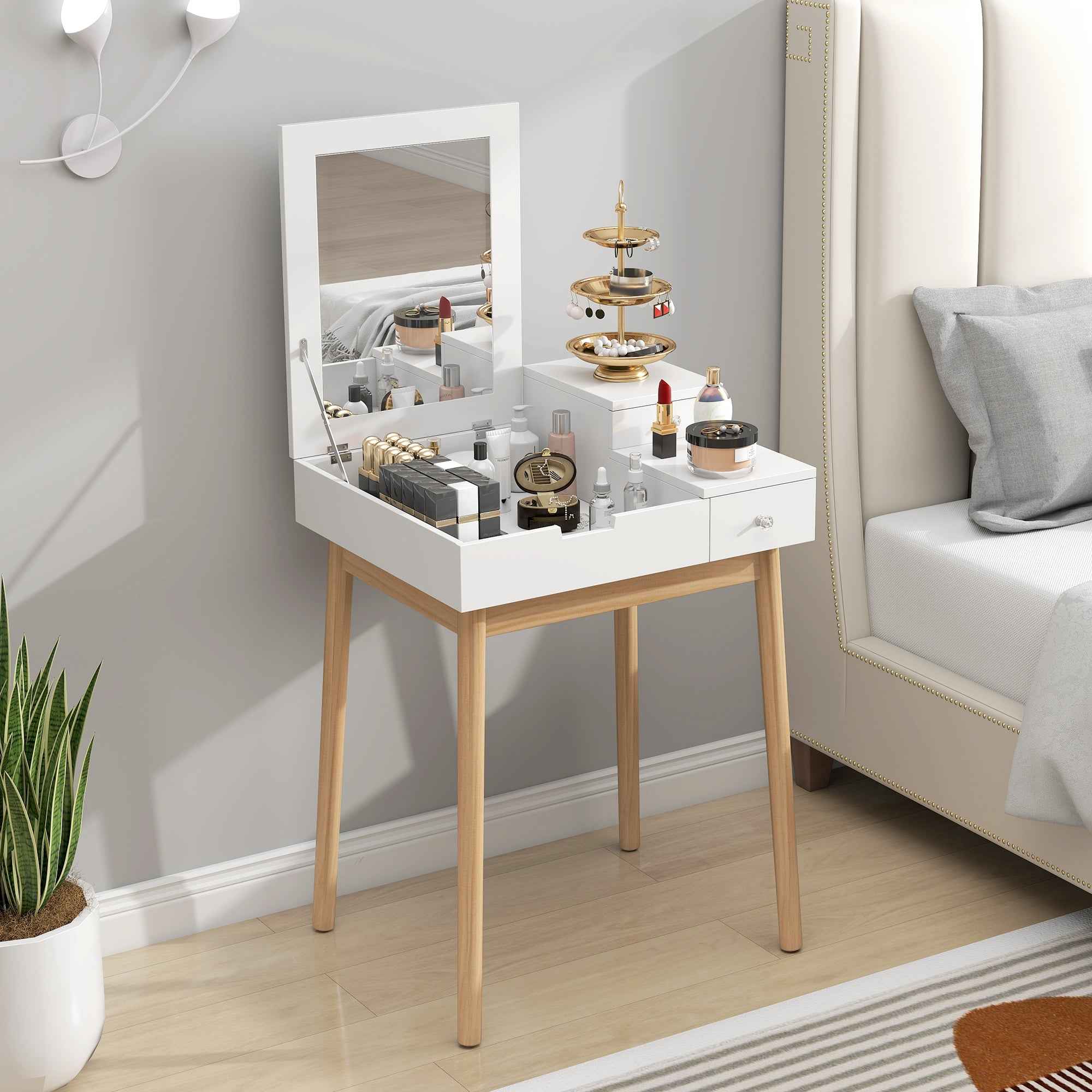 HOMCOM MDF,Pine Dressing Table Desk Flip-up Mirror Multi-purpose 2 Drawers Modern - White