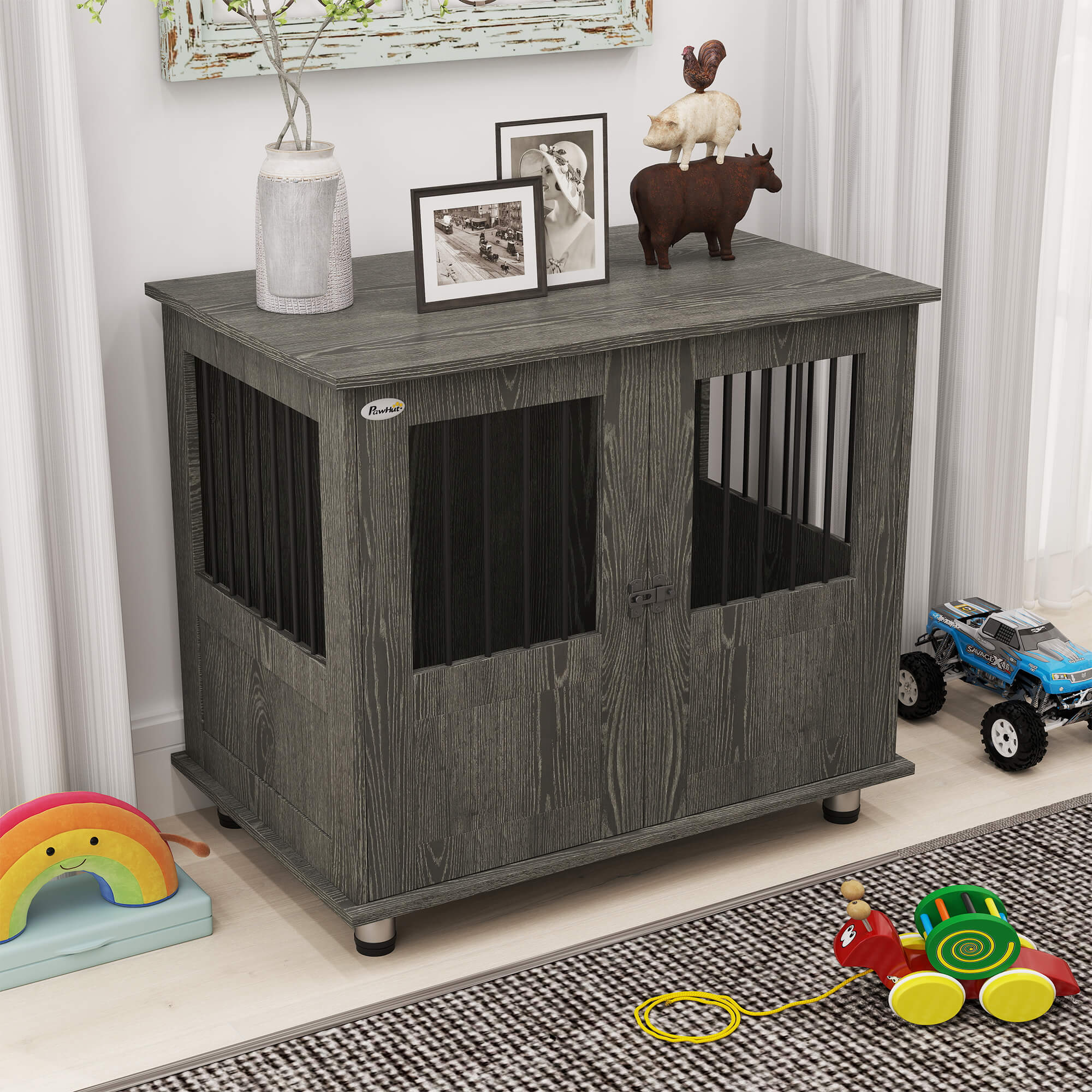 PawHut Dog Crate Table for Medium and Large Dogs with Magnetic Door for Indoor Use, 85 x 55 x 75 cm, Grey - North Peak Garden Furniture
