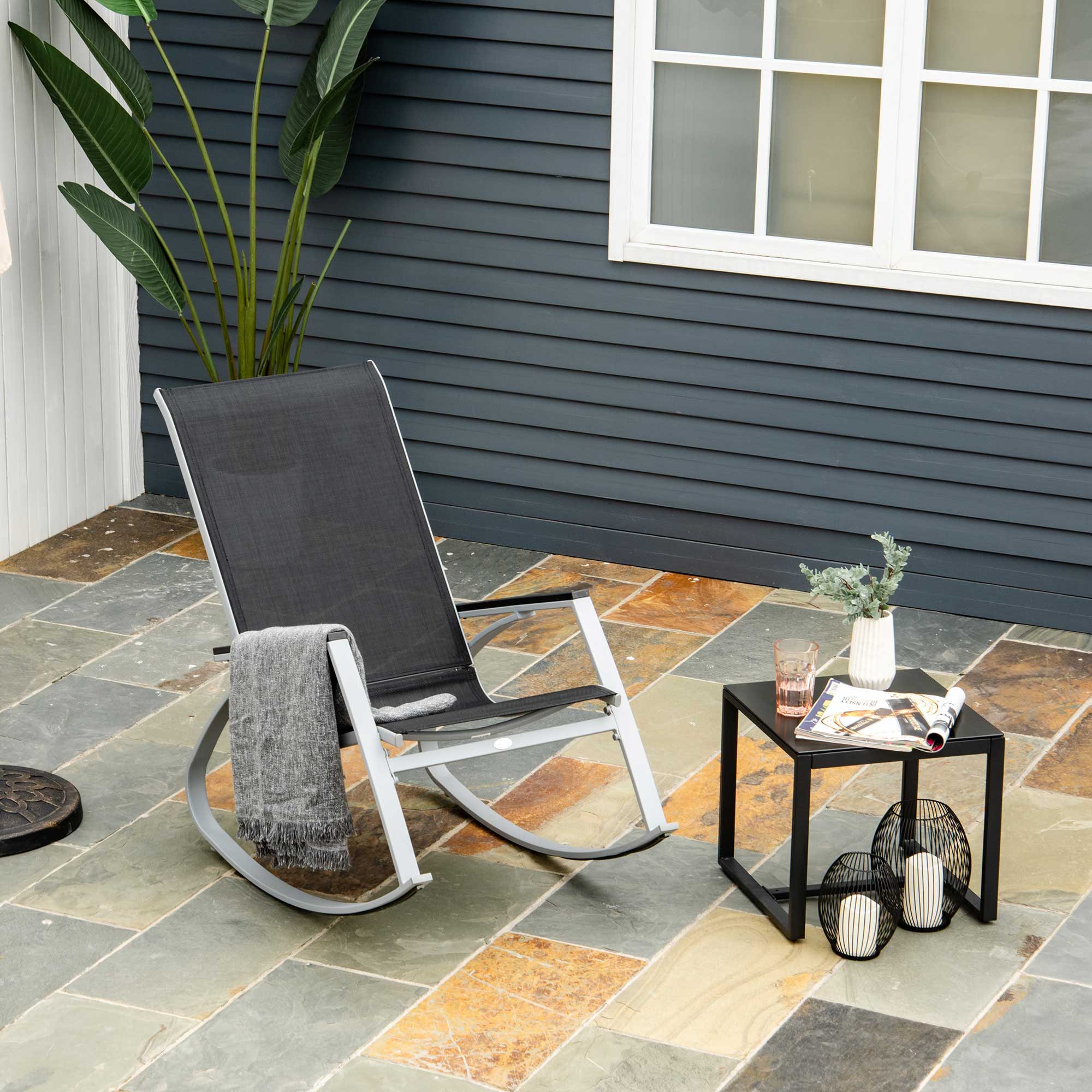 Outsunny Rocking Chair Sun Lounger Garden Seat Patio High Back Texteline Black - North Peak Garden Furniture