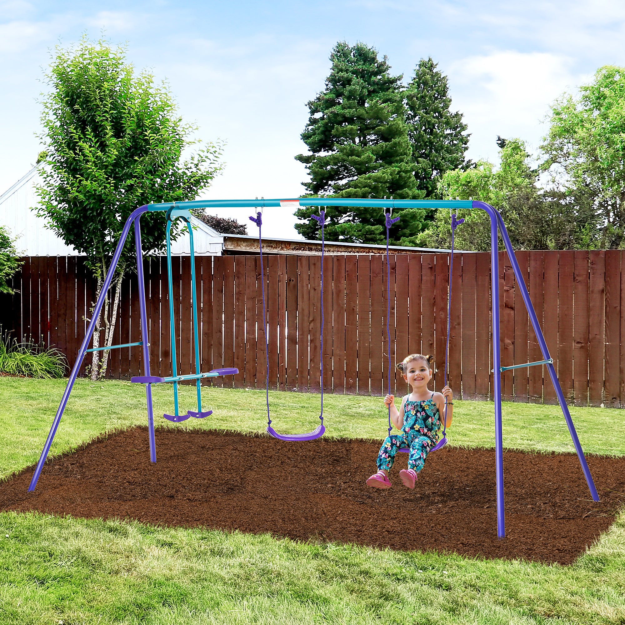 Outsunny Height Adjustable Metal Swing Set with Glider, Two Swing Seats and Adjustable Height, Outdoor Heavy Duty A-Frame - North Peak Garden Furniture