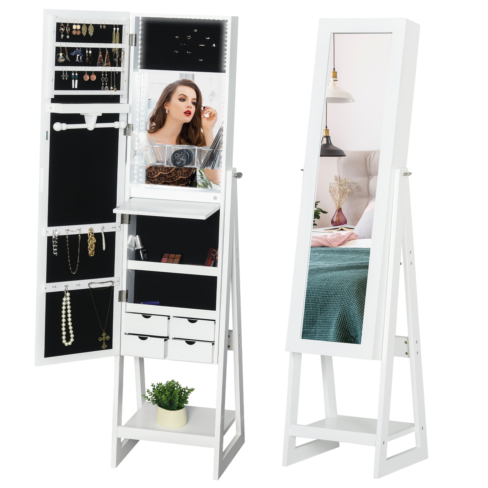 HOMCOM Jewellery Cabinet, Standing Mirror with LED Lights, Full-Length Mirror with Storage Drawers, Hooks and Shelves, Make-Up Armoire, Jewellery Organiser for Bedroom, White - North Peak Garden Furniture