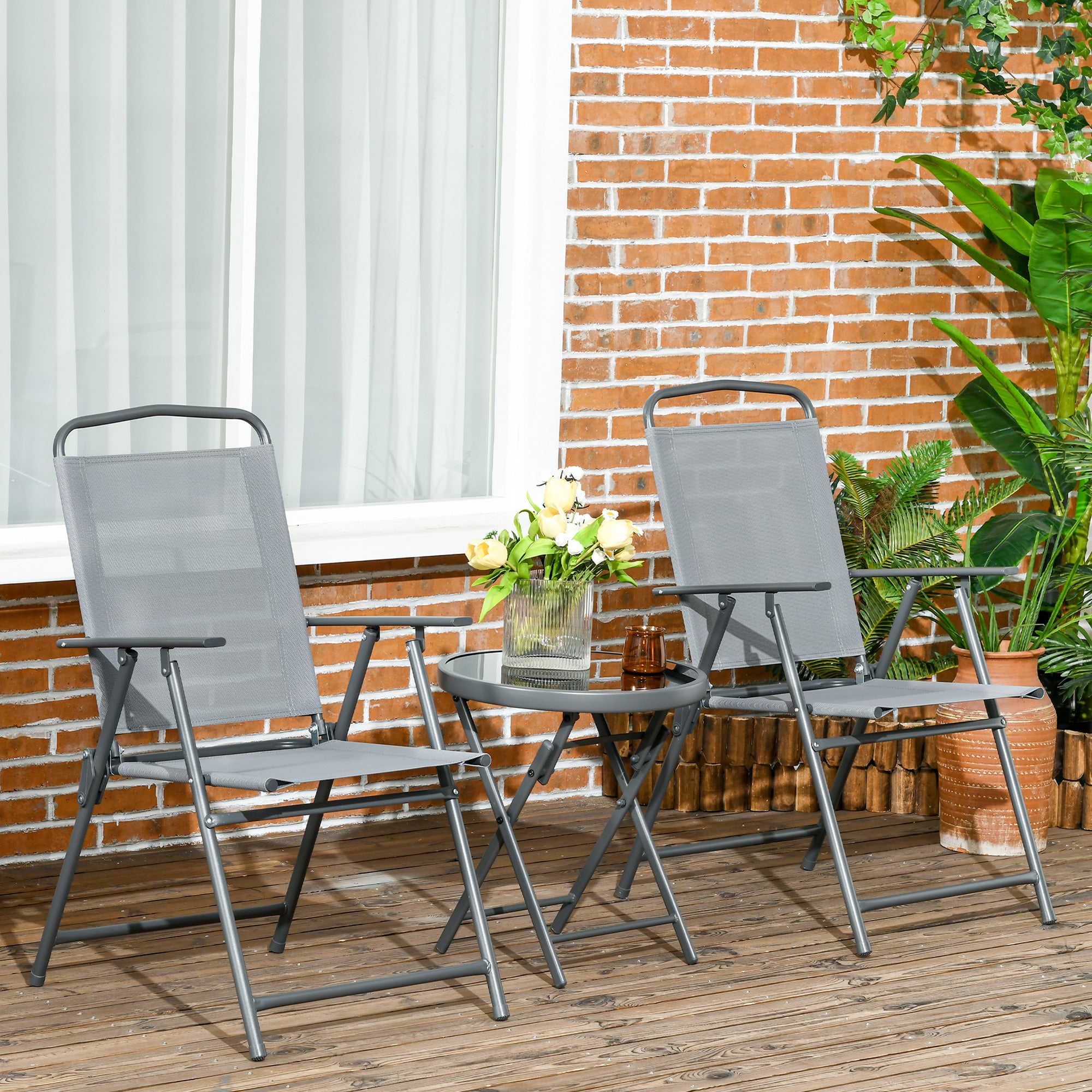 Outsunny Three-Piece Garden Seat Set, with Glass-Top Table - Light Grey - North Peak Garden Furniture
