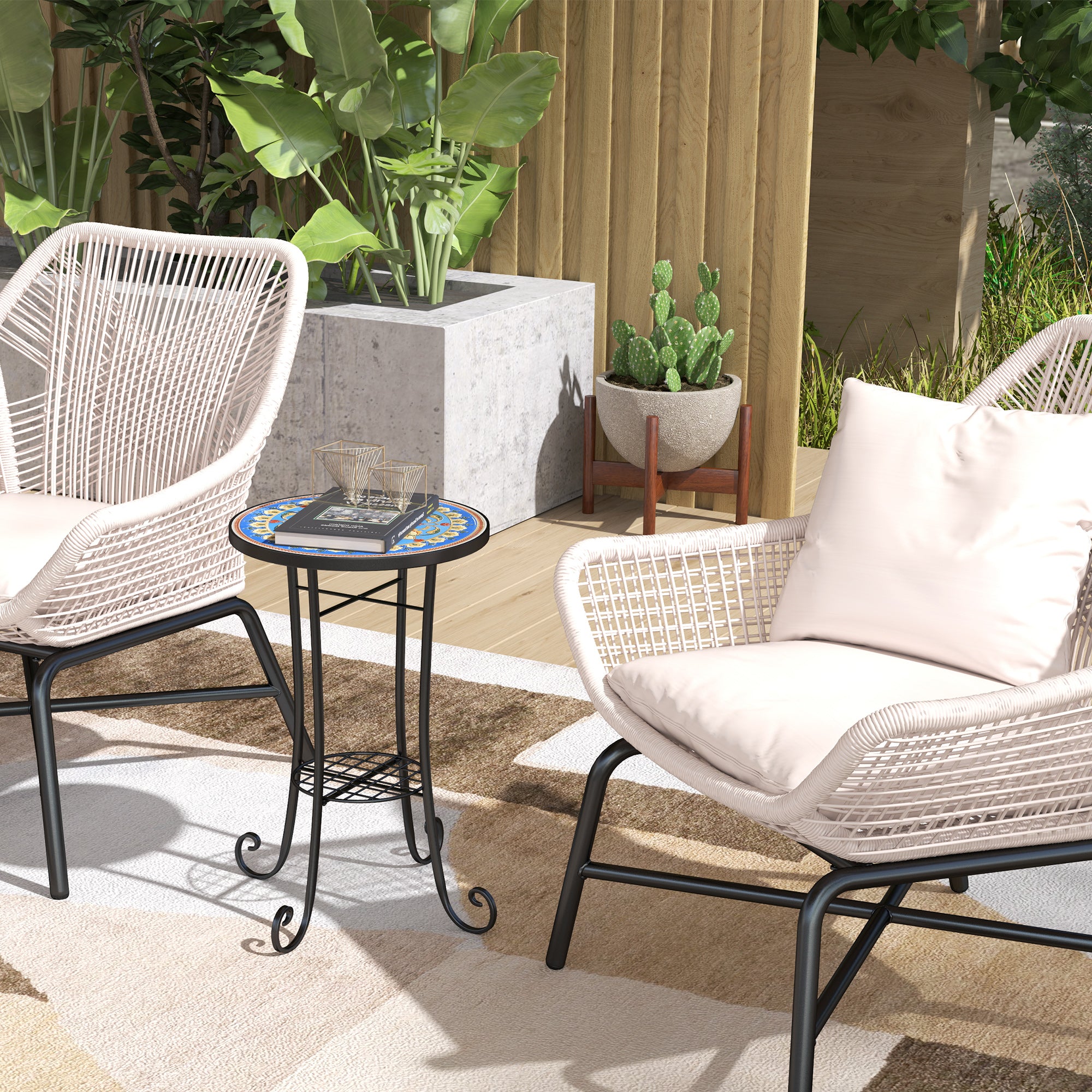 Outsunny Mosaic Garden Table, 35.5 cm Round Outdoor Table with Shelf, Ceramic Tile Top, Small Garden Side Table Bistro Table End Table Plant Stand for Indoor, Patio, Balcony, Blue - North Peak Garden Furniture