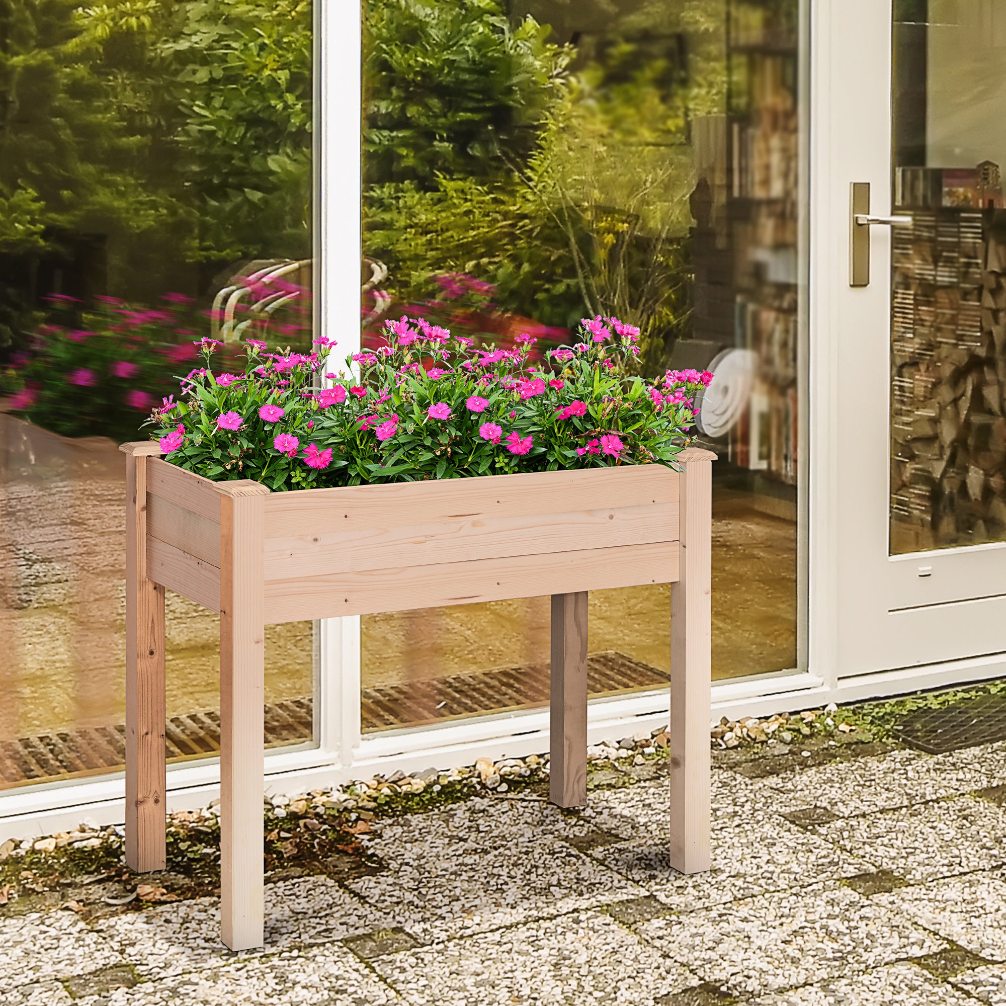 Outsunny Garden Wooden Planters, Rectangular Raised Bed,Flower Box, Fir Wood Indoor/Outdoor, Oak Tone, 86L x 46W x 76Hcm - North Peak Garden Furniture