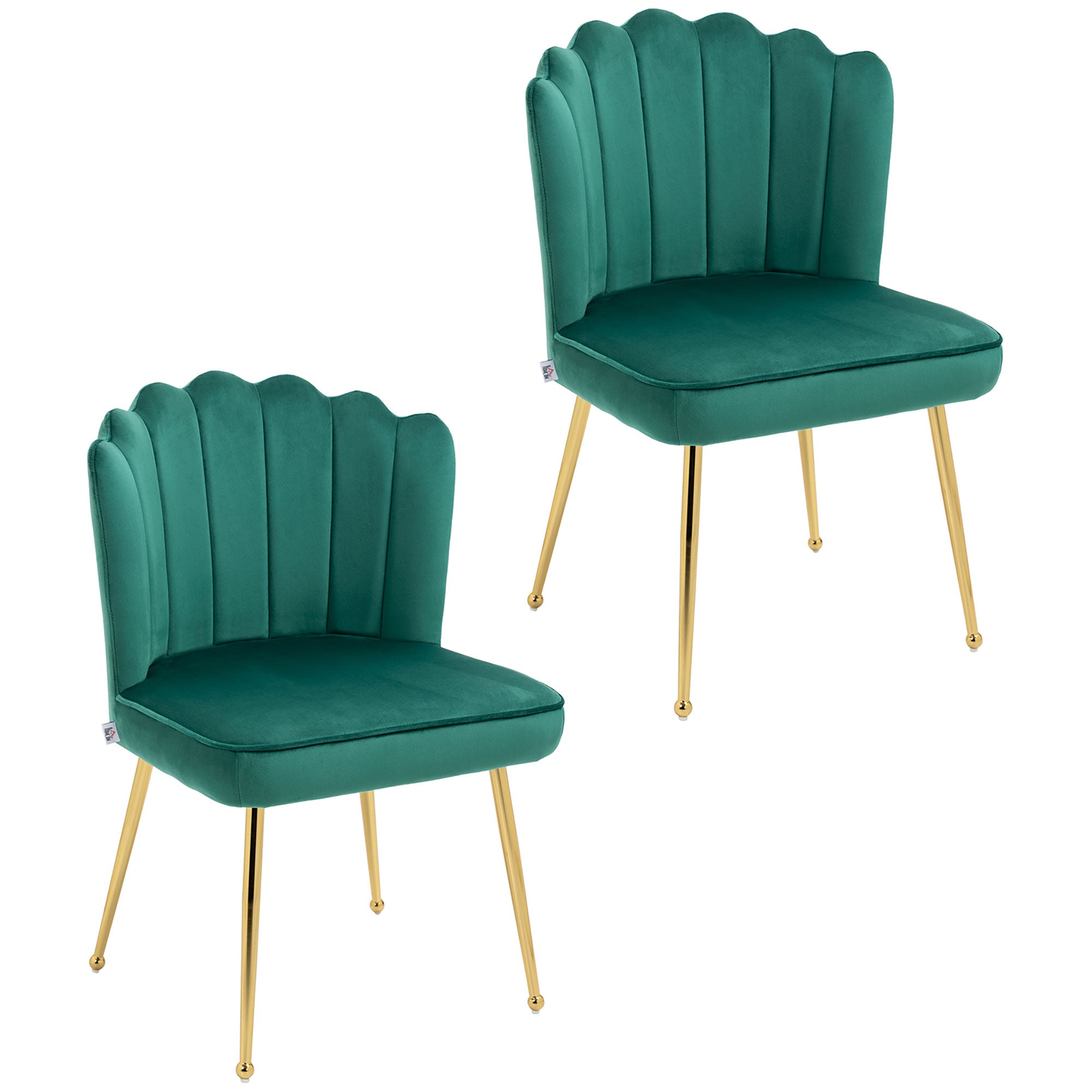 HOMCOM Shell Dining Chairs Set of 2, Upholstered Kitchen Chairs with Gold Metal Legs and Backrest, Velvet Fabric Lounge Leisure Chairs for Living Room, Reception Room, Green - North Peak Garden Furniture