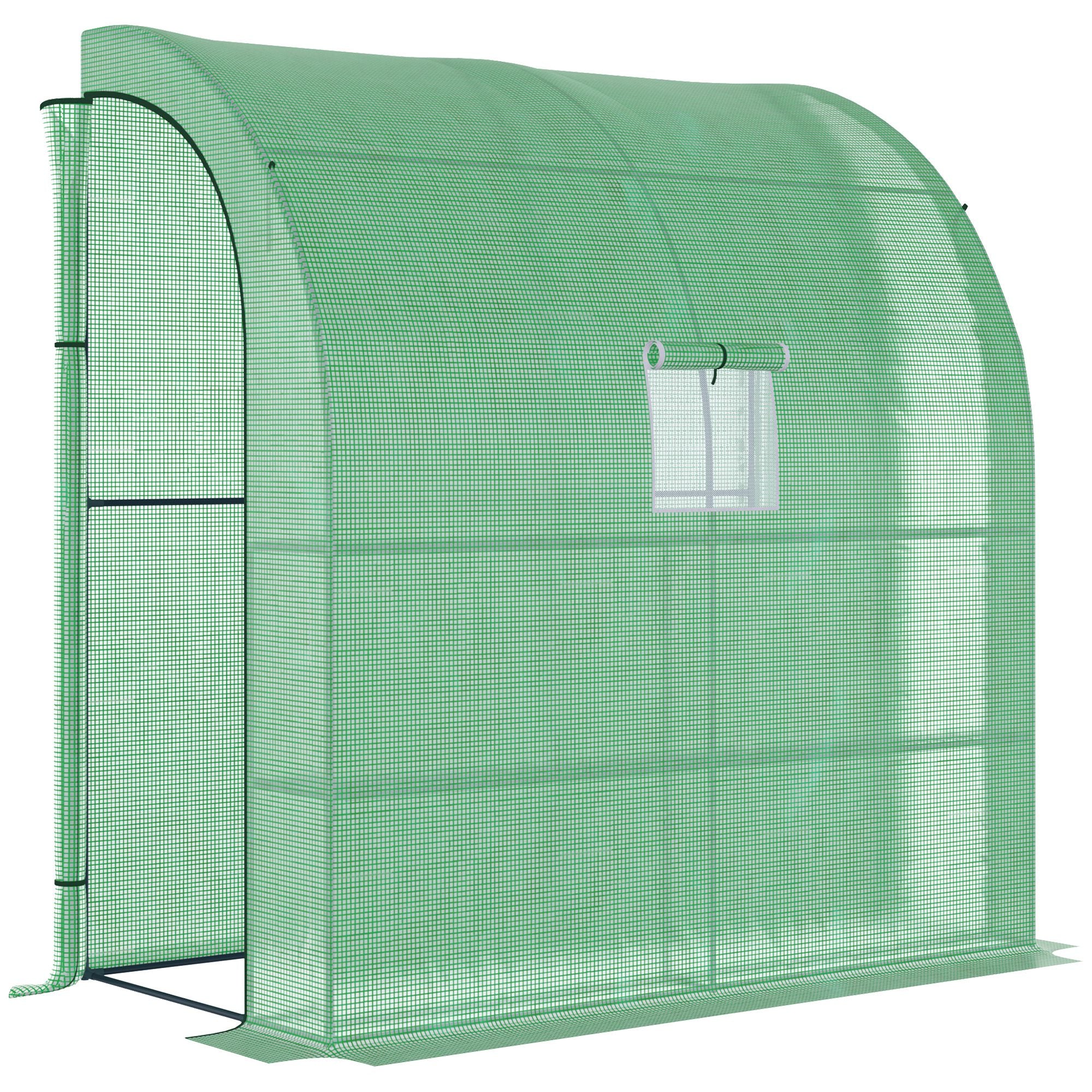 Outsunny Walk-In Lean to Wall Greenhouse with Windows and Doors, Outdoor Green House with 3 Tiers 4 Wired Shelves, 200L x 100W x 215Hcm, Green - North Peak Garden Furniture