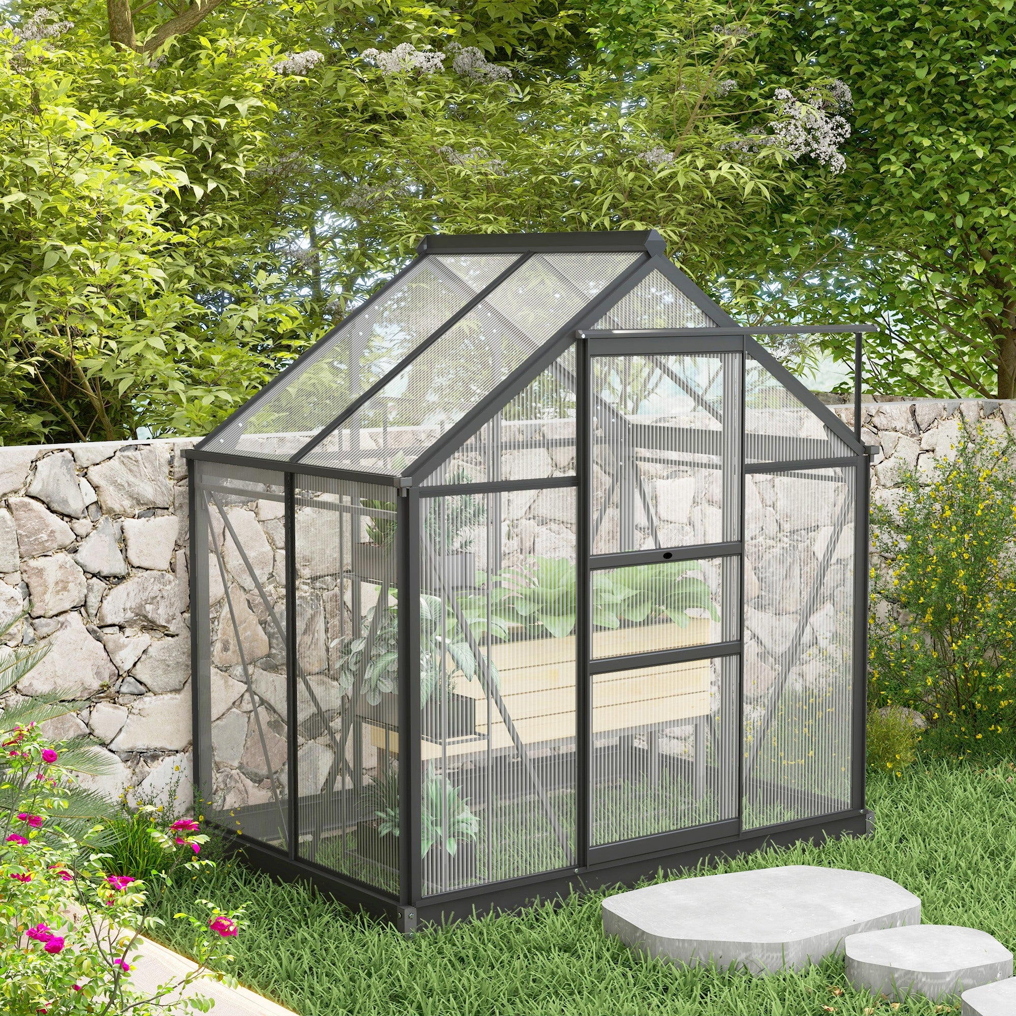 Outsunny 6 x 4ft Polycarbonate Greenhouse, Large Walk-In Green House with Slide Door and Window, Garden Plants Grow House with Aluminium Frame and Foundation, Grey - North Peak Garden Furniture
