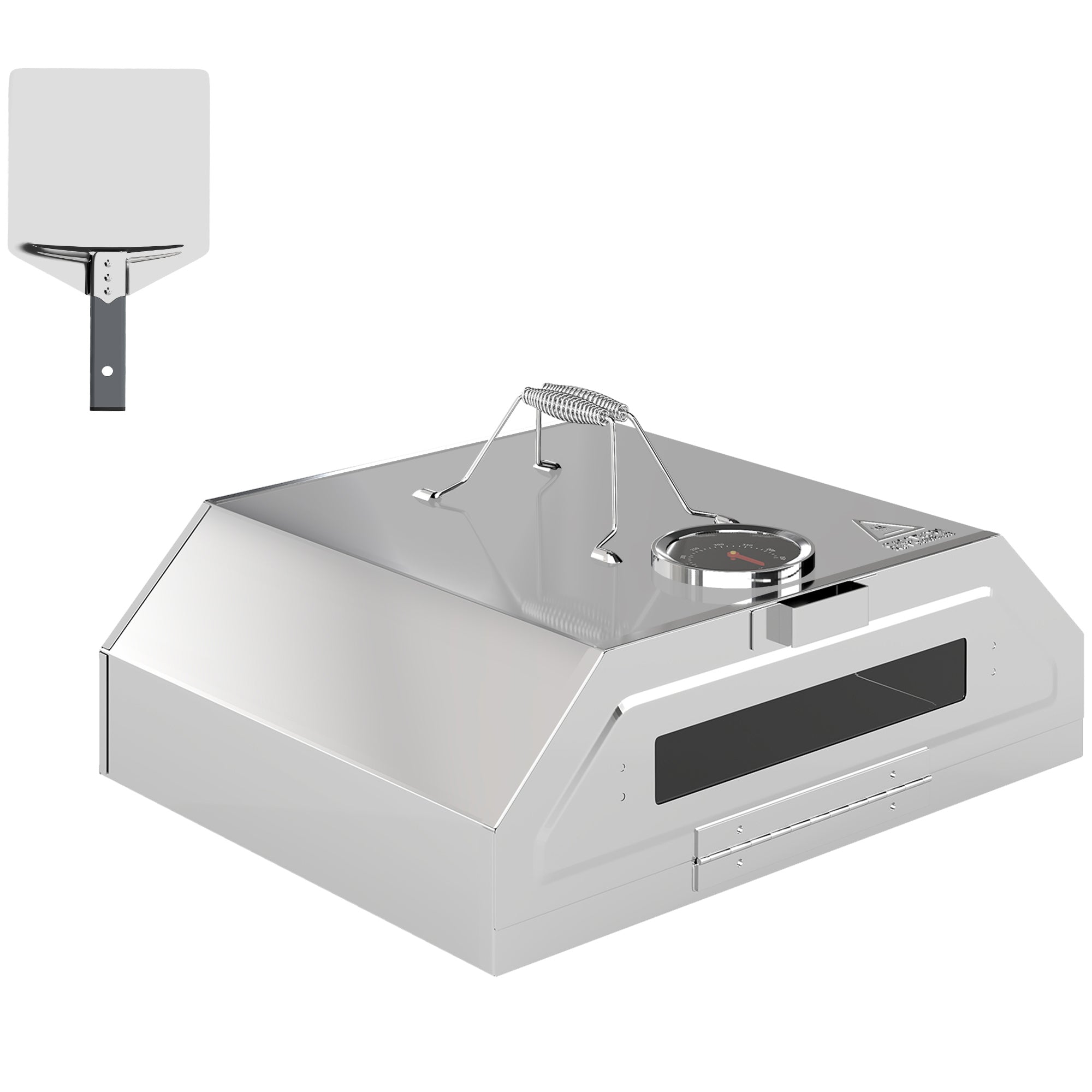 Outsunny 8 in Portable Stainless Steel BBQ Grill Top Pizza Oven with Built-in Thermometer and Viewing Window for Gas and Charcoal BBQ Grills, Includes Carry Handles, Pizza Stone and Peel, Silver Tone - North Peak Garden Furniture