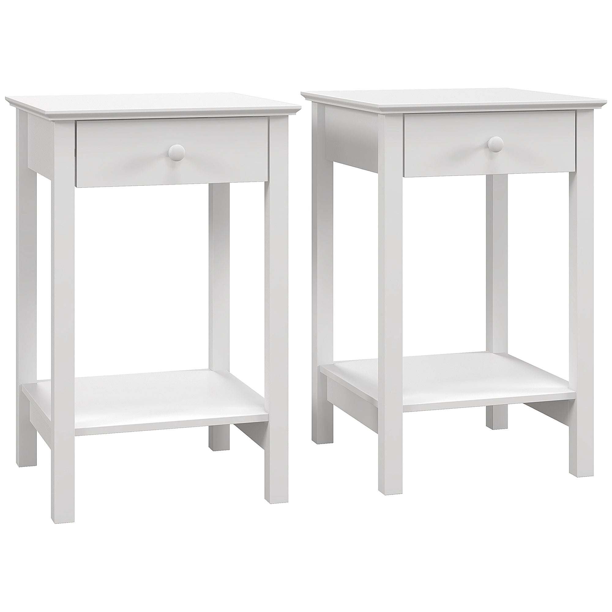 HOMCOM White Bedside Table, Wooden Side Table, Nightstand, Bedside Cabinet with Drawer and Storage Shelf for Bedroom and Living Room, Set of 2 - North Peak Garden Furniture