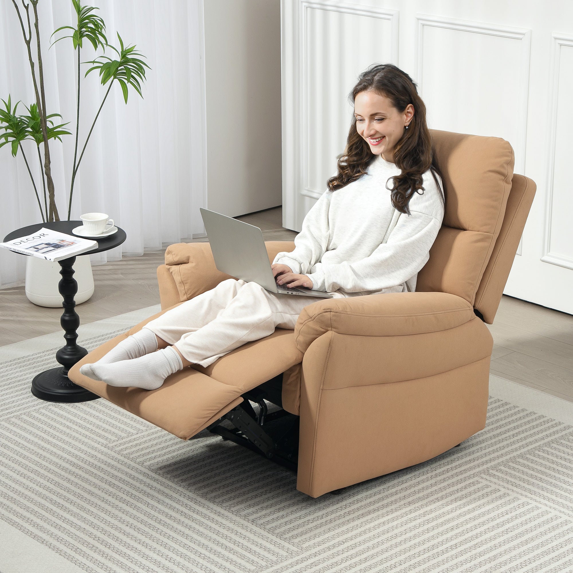 HOMCOM 140° Manual Reclining Armchair, with Footrest - Light Brown - North Peak Garden Furniture