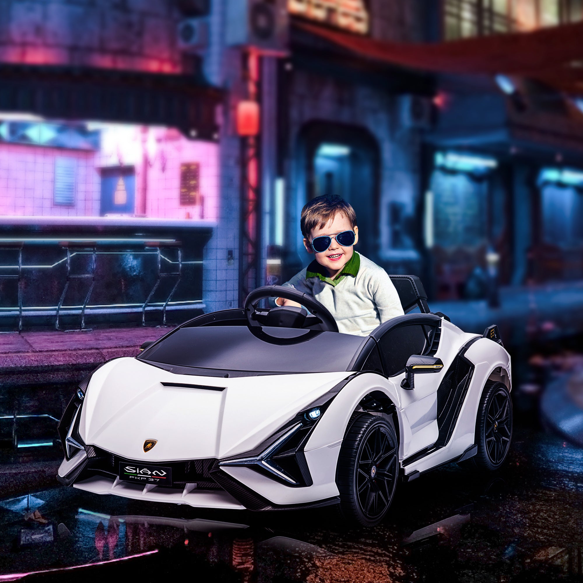 HOMCOM Lamborghini Sian Licensed 12V Kids Electric Ride On Car 2 Motors Toy Car with Remote Control Music Lights MP3 for 3-5 Years White - North Peak Garden Furniture