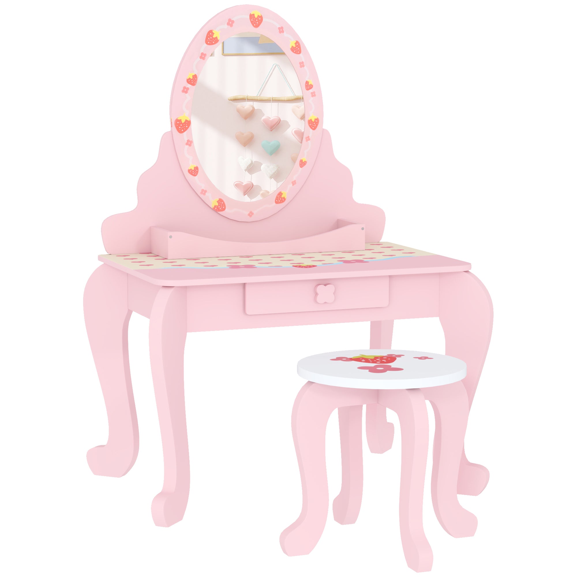 AIYAPLAY Kids Dressing Table Set, Vanity Table with Stool, Mirror, Drawer, Desktop Storage, Strawberry Theme, Pink - North Peak Garden Furniture