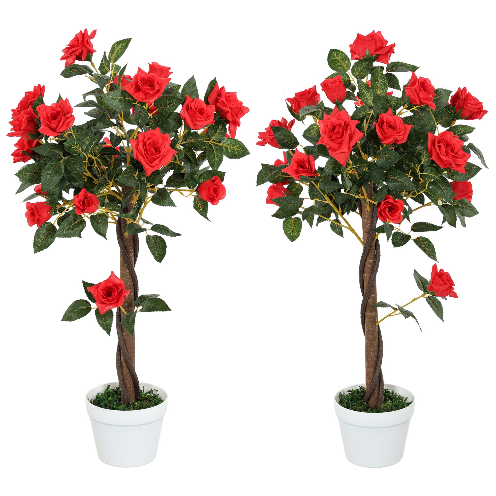 Outsunny Set of 2 Artificial Plants White Rose Floral in Pot, Fake Plants for Home Indoor Outdoor Decor, 90cm, Red - North Peak Garden Furniture
