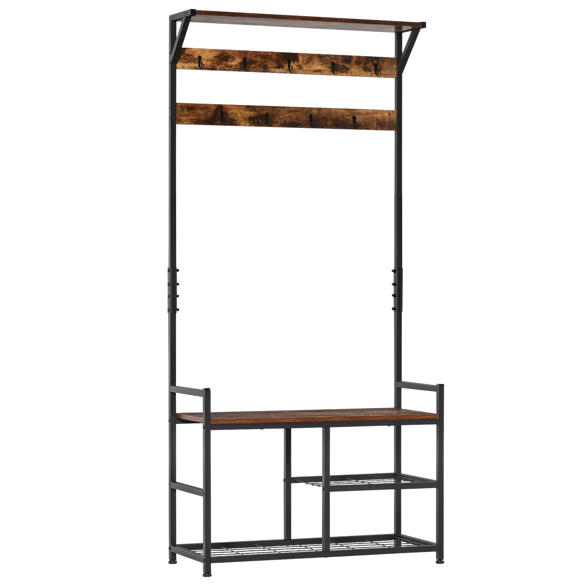 HOMCOM Coat Rack Stand Shoe Storage Bench with 9 Hooks Shelves for Bedroom Living Room Entryway Brown and Black 180cm - North Peak Garden Furniture
