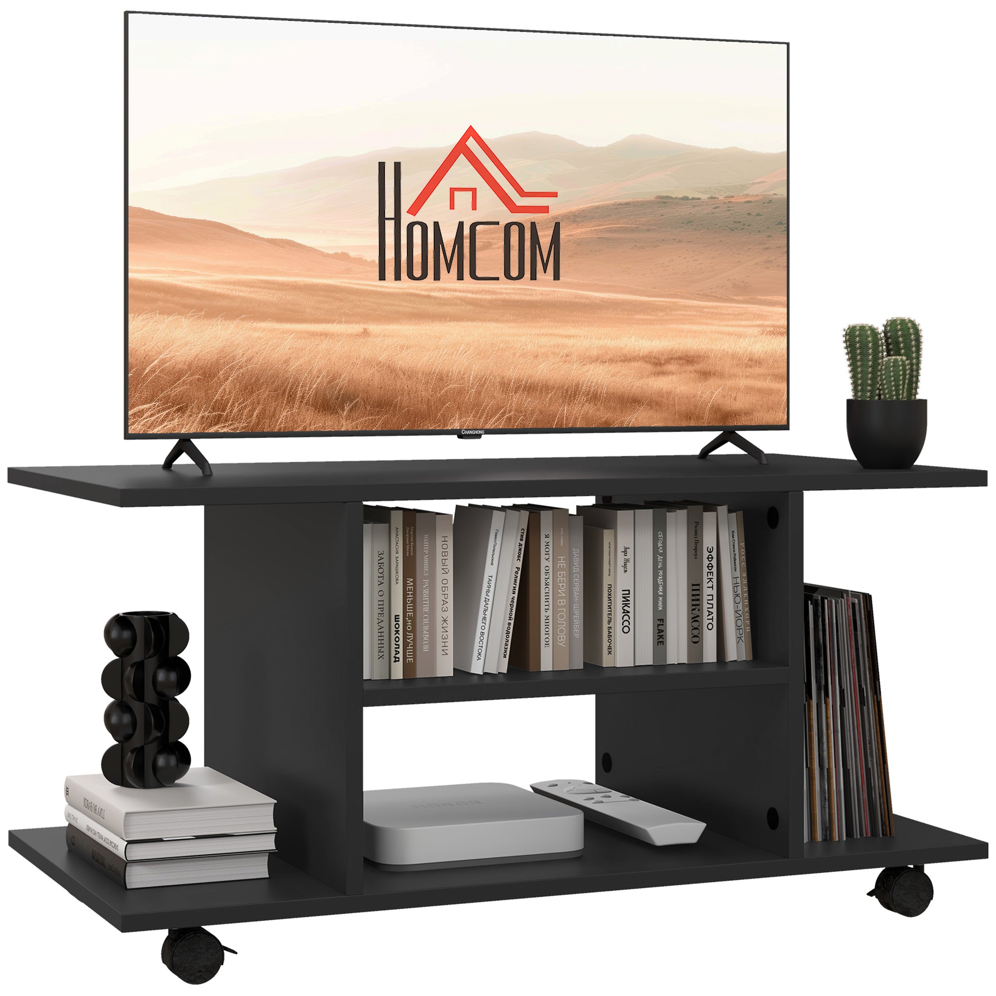 HOMCOM Modern TV Cabinet Stand Storage Shelves Table Mobile Bedroom Furniture Bookshelf Bookcase Black - North Peak Garden Furniture