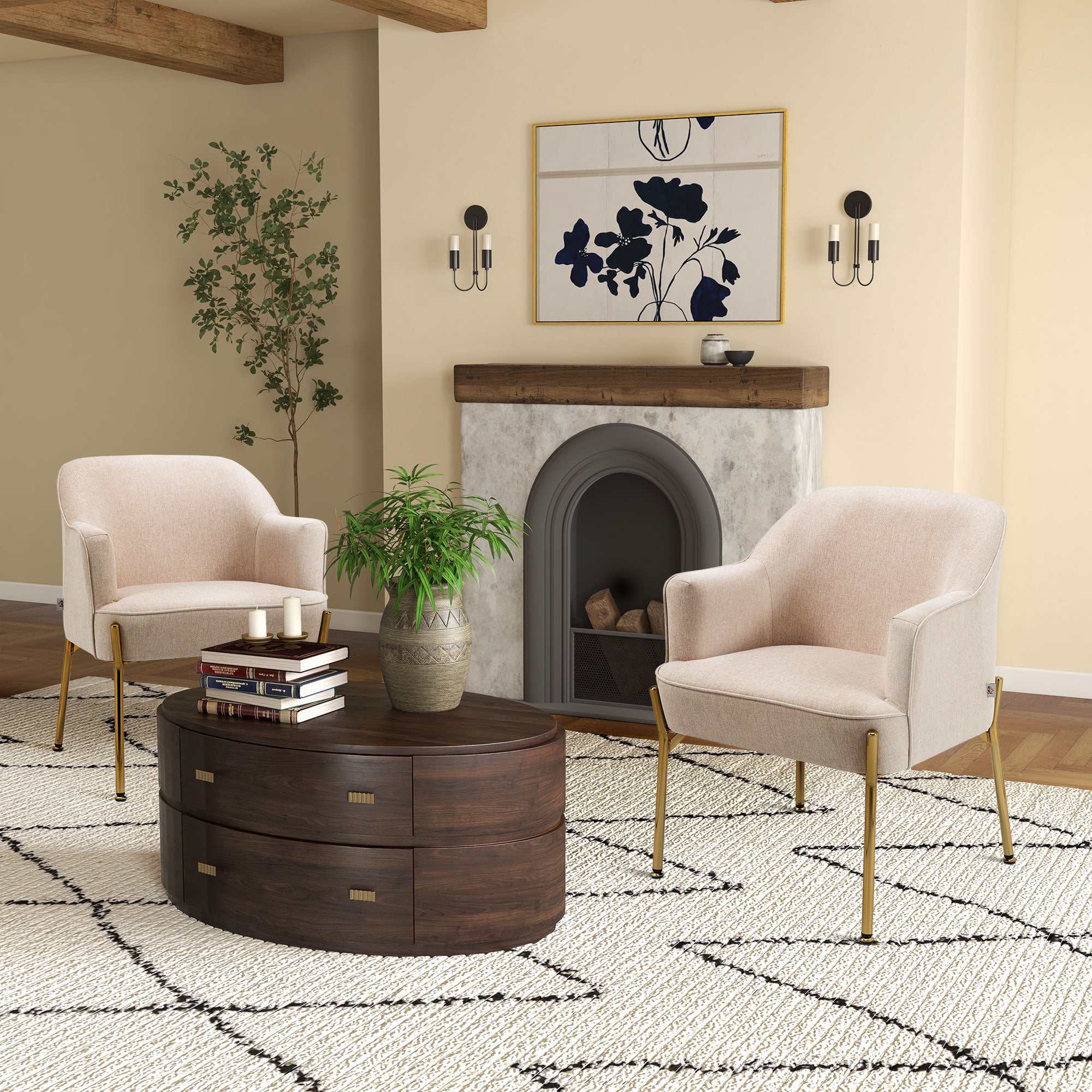 HOMCOM Accent Chair, Living Room Armchair, Vanity Chair with Gold Plating Metal Legs and Soft Padded Seat for Bedroom and Café, Set of 2, White - North Peak Garden Furniture