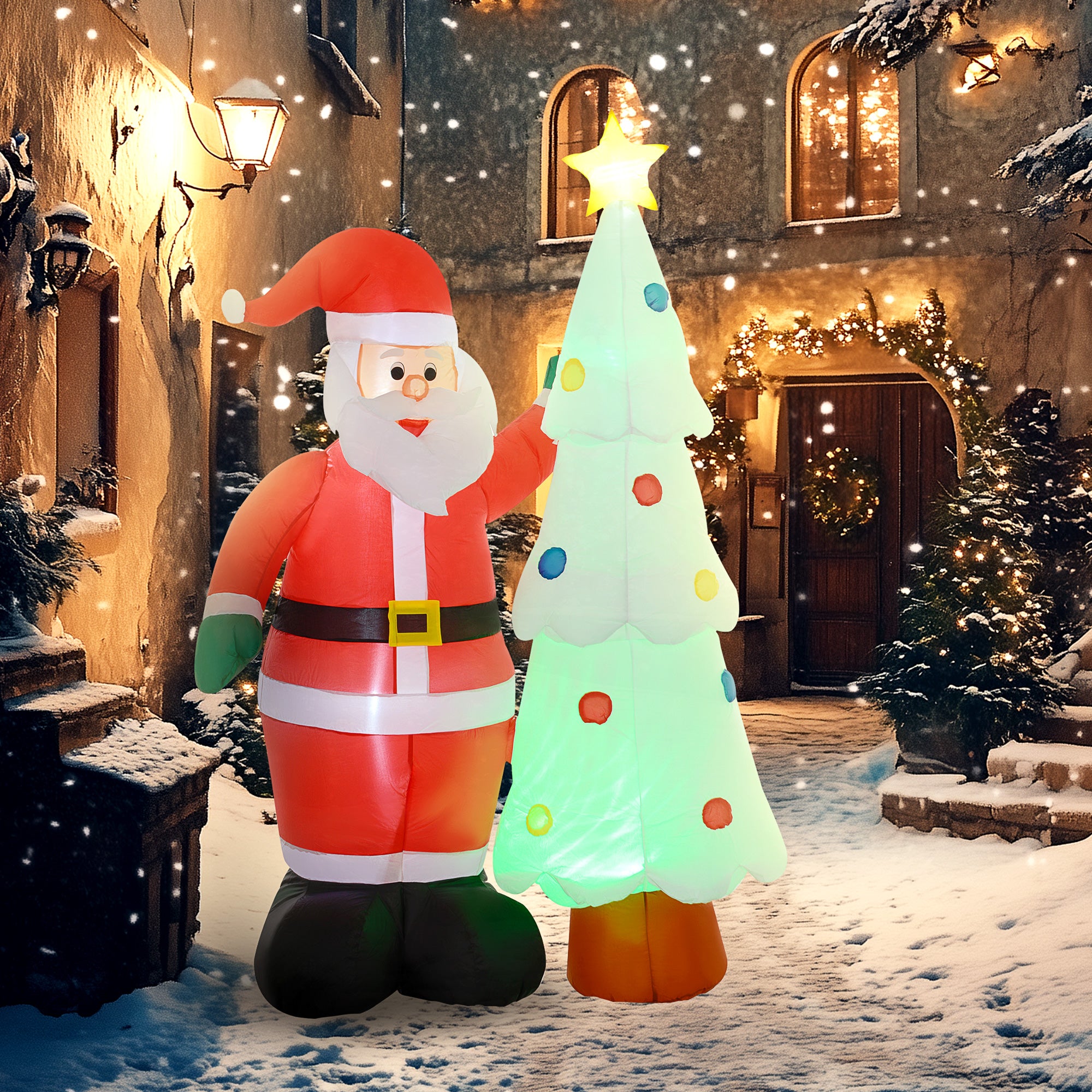 HOMCOM 7ft Christmas Inflatable Decoration Santa Claus and Christmas Tree with Rotating Magic Ball Light, Blow-Up Outdoor LED Yard Display for Lawn Garden Party - North Peak Garden Furniture