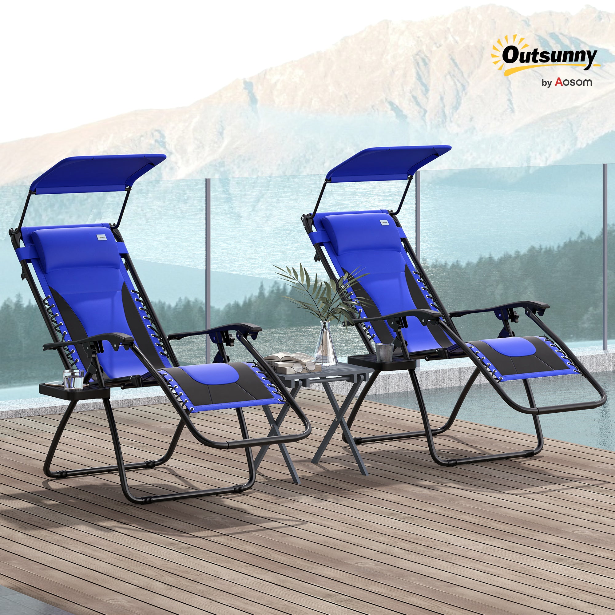 Outsunny Zero Gravity Lounger Chair Set of 2, Folding Reclining Patio Chair with Shade Cover, Cup Holder, Soft Cushion and Headrest for Poolside, Camping, Blue - North Peak Garden Furniture