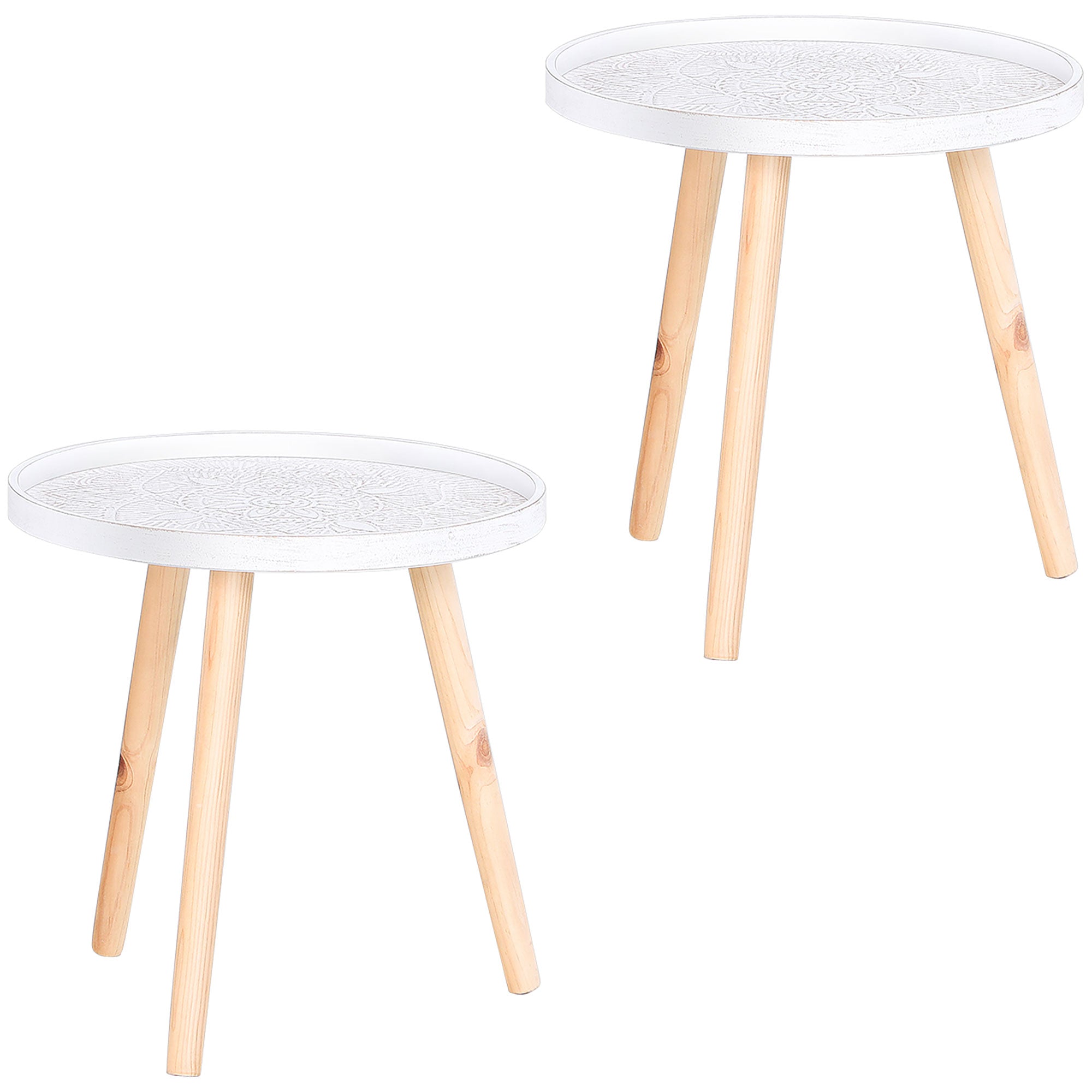 HOMCOM Coffee Table, Carved Floral Round Table with Tray-style Top and Wood Legs, Modern Side Table for Living Room, Set of 2, White - North Peak Garden Furniture