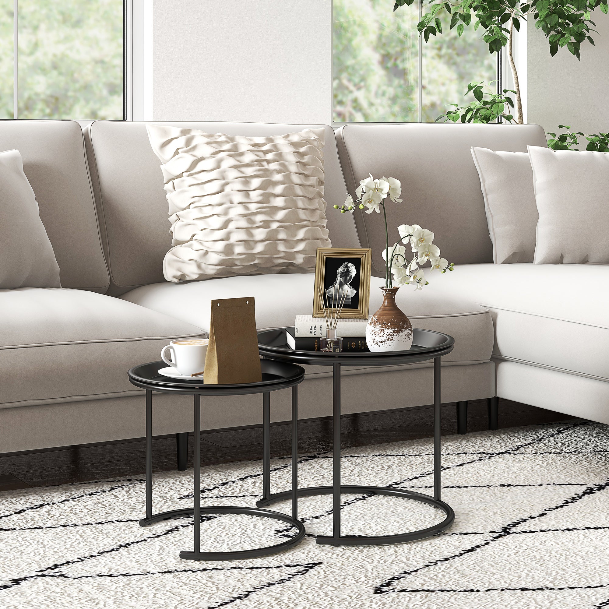 HOMCOM Nesting Tables Set of 2, Side End Table with Removable Tabletop Tray and Steel Frame for Living Room, Bedroom, White - North Peak Garden Furniture