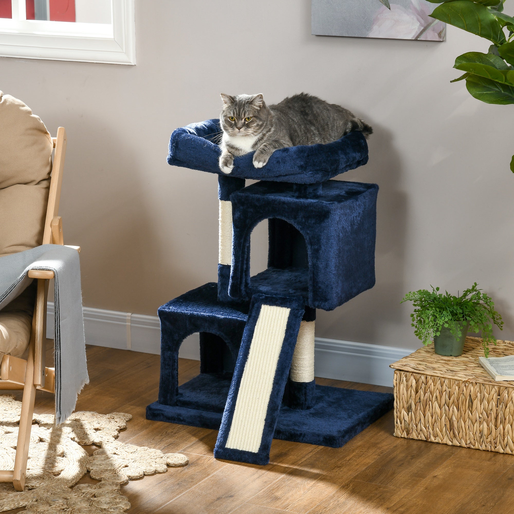 PawHut Sisal Cat Rest & Play Activity Tree w/ 2 House Navy Blue - North Peak Garden Furniture