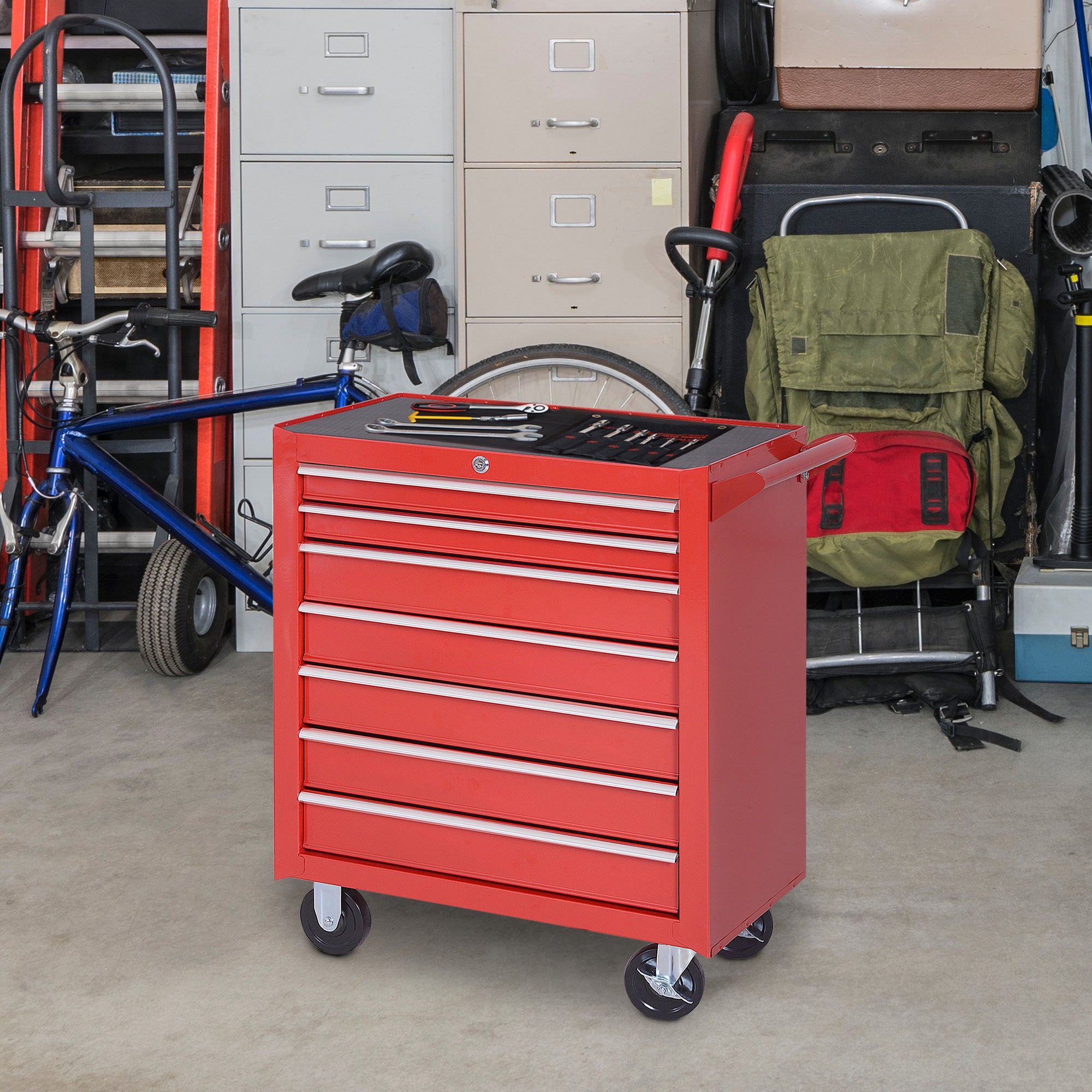 DURHAND Roller Tool Cabinet Storage Chest Box 7 Drawers Roll Wheels Garage Workshop Red - North Peak Garden Furniture